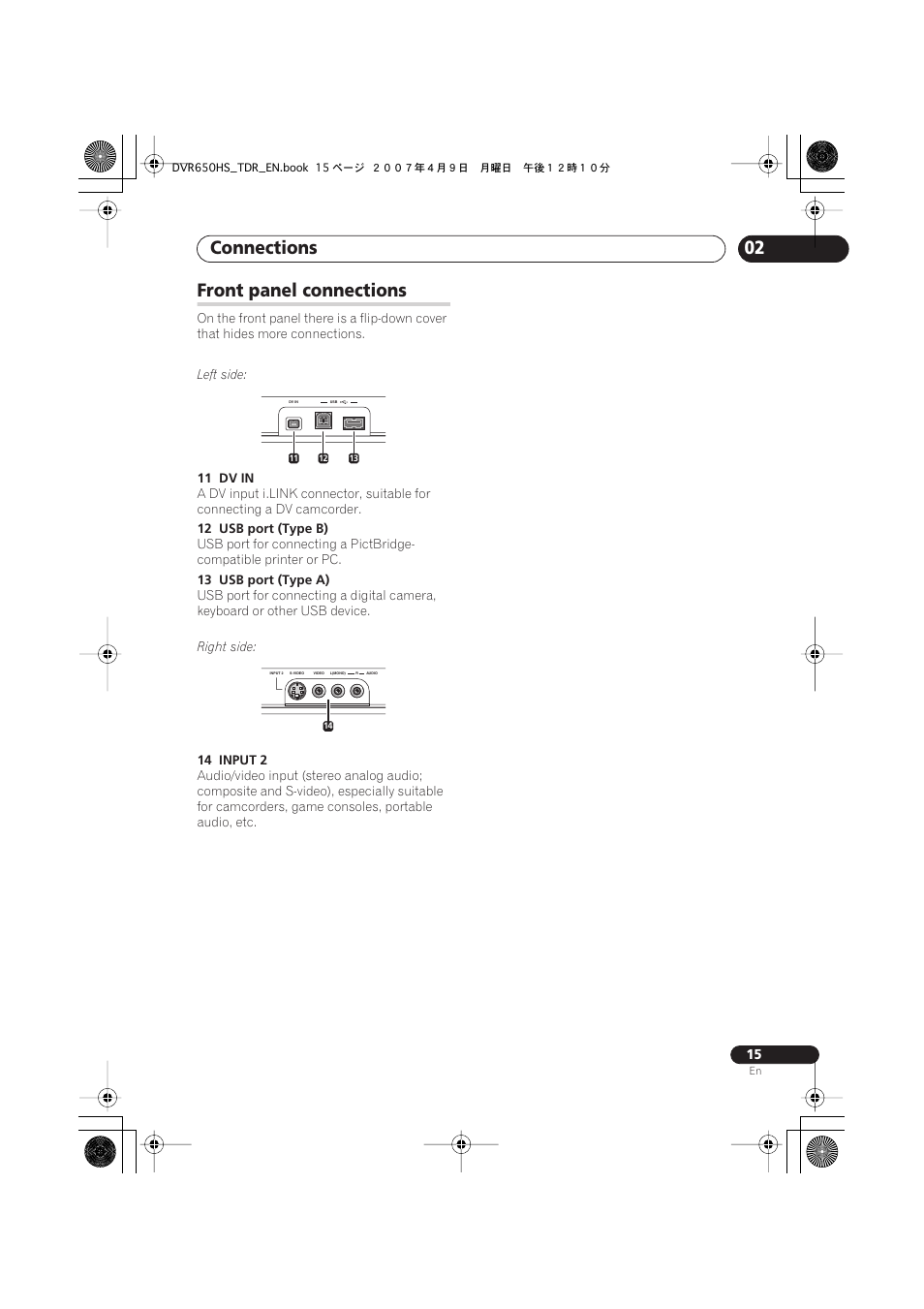 Front panel connections, Connections | Pioneer DVR-650H-S User Manual | Page 15 / 134