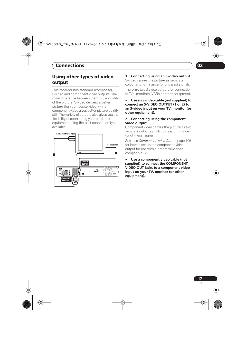 Using other types of video output, Connections, 02 using other types of video | Output, Coaxial hdmi out, 1connecting using an s-video output, Component video out | Pioneer DVR-650H-S User Manual | Page 17 / 134