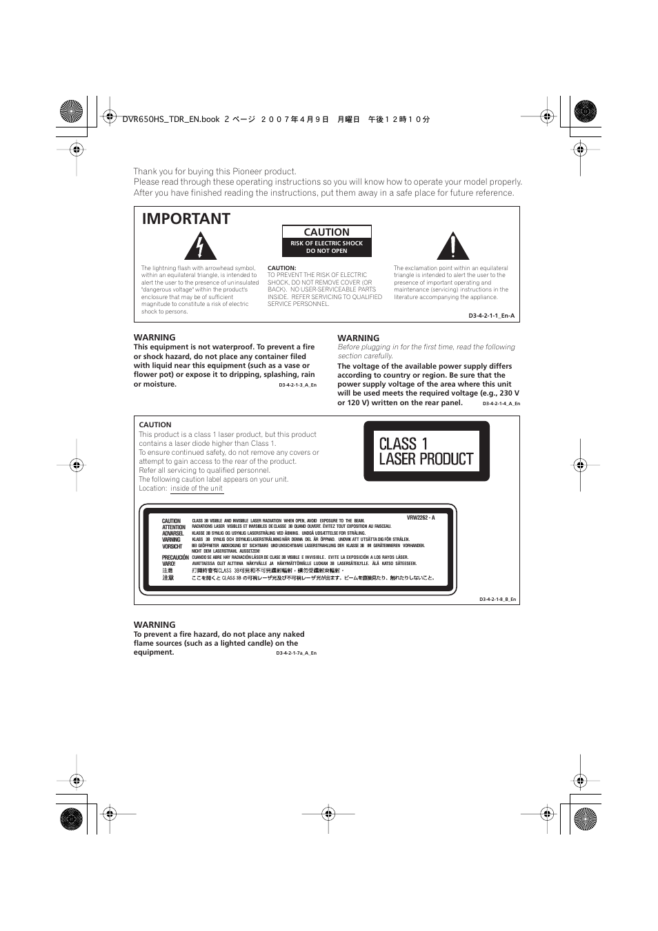 Important, Caution | Pioneer DVR-650H-S User Manual | Page 2 / 134