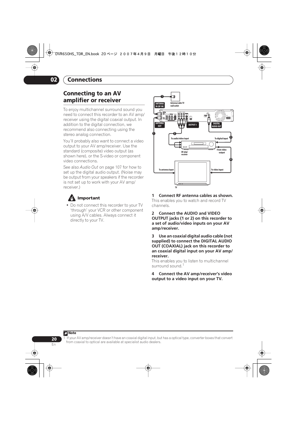 Connecting to an av amplifier or receiver, Connections 02, Connecting to an av | Amplifier or receiver, Coaxial hdmi out, Audio out, Important, 1connect rf antenna cables as shown, This enables you to watch and record tv channels | Pioneer DVR-650H-S User Manual | Page 20 / 134