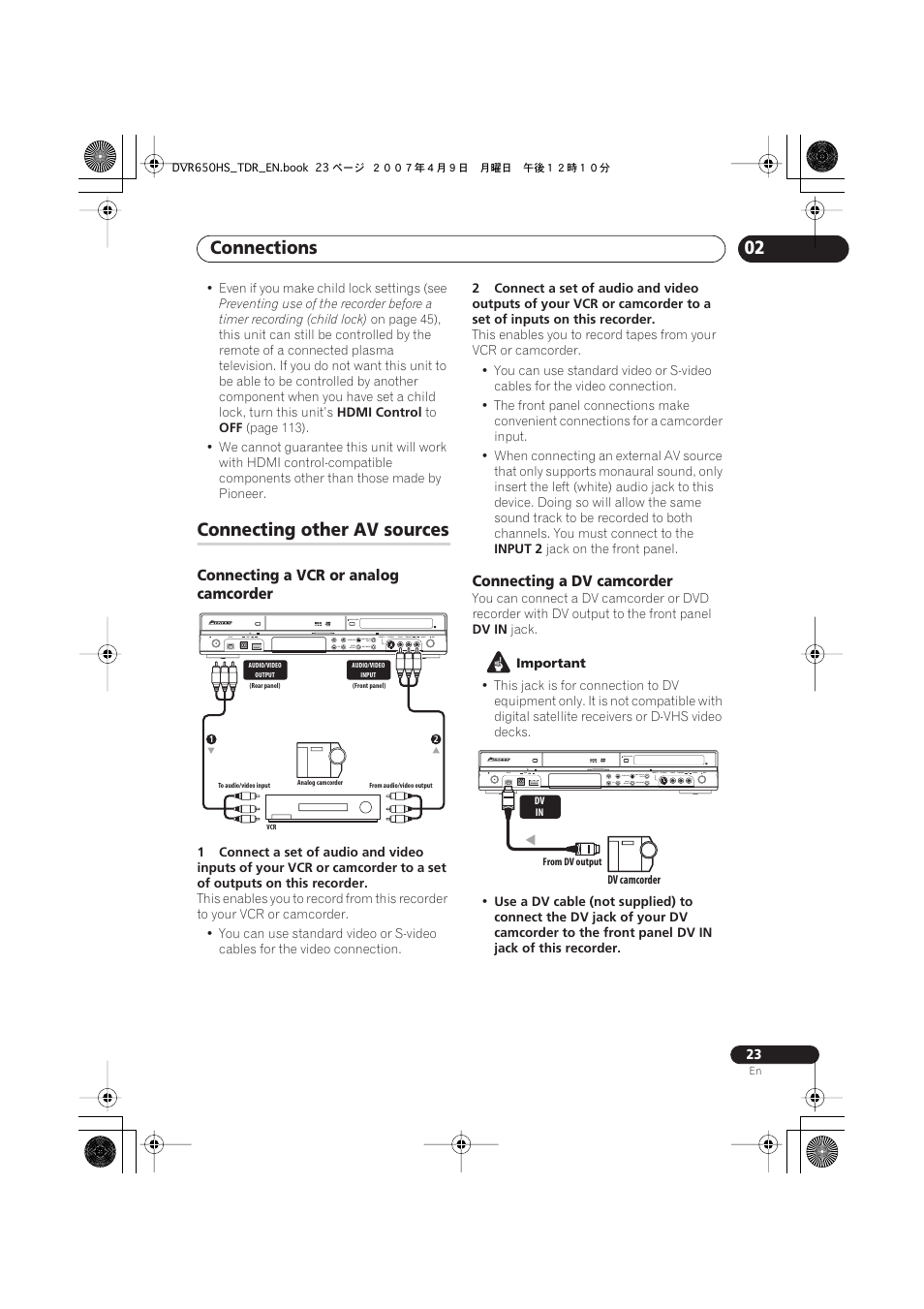 Connecting other av sources, Connections | Pioneer DVR-650H-S User Manual | Page 23 / 134