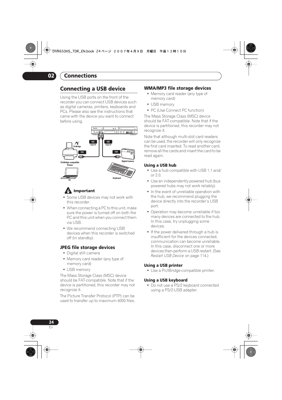 Connecting a usb device, Connections 02 | Pioneer DVR-650H-S User Manual | Page 24 / 134