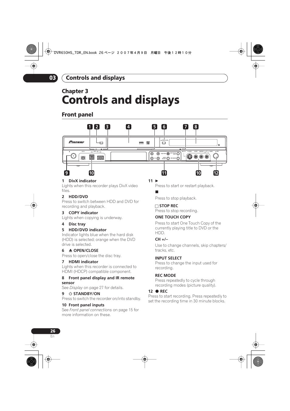 03 controls and displays, Front panel, Controls and displays | Controls and displays 03, Chapter 3 | Pioneer DVR-650H-S User Manual | Page 26 / 134