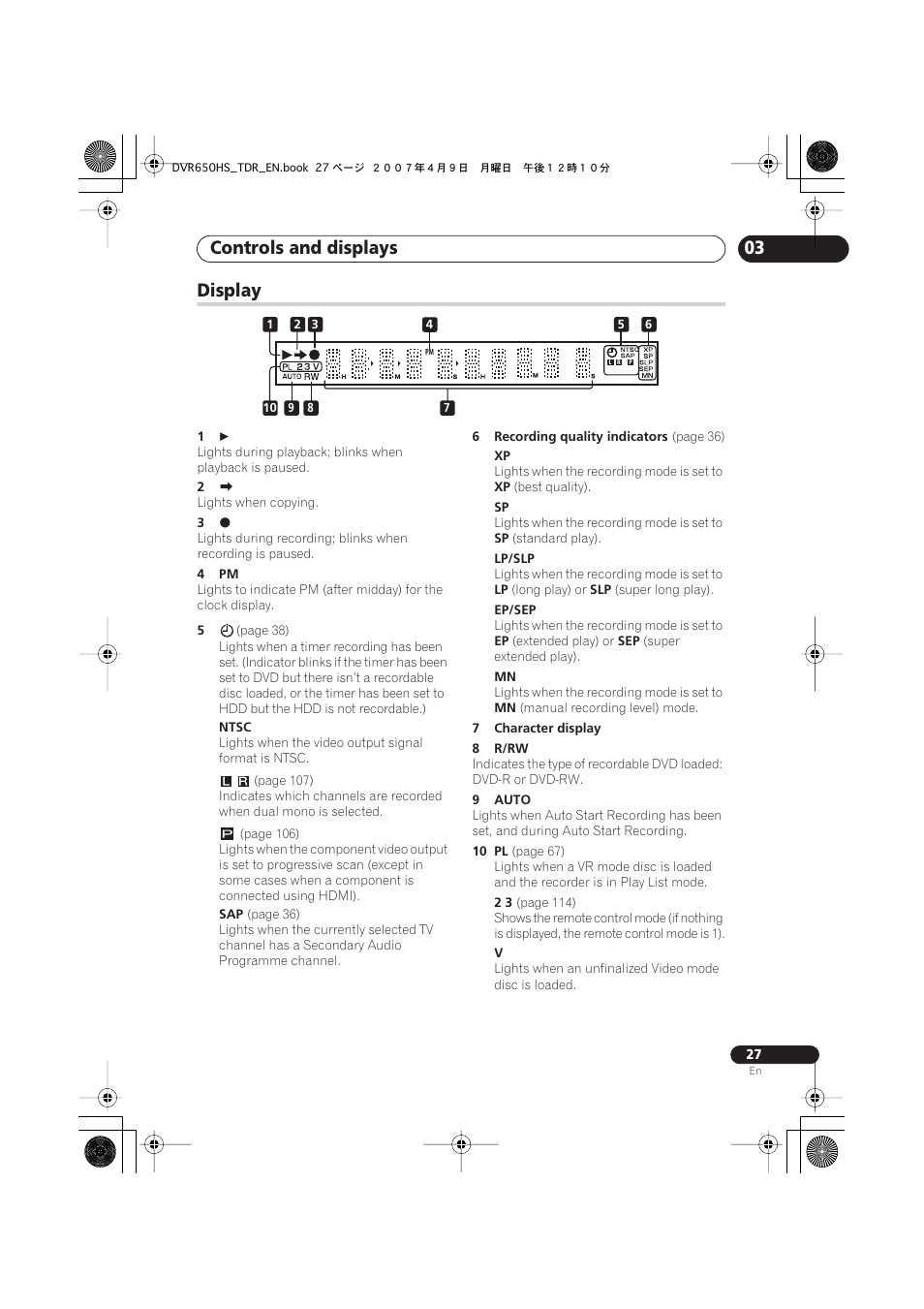Display, Controls and displays | Pioneer DVR-650H-S User Manual | Page 27 / 134