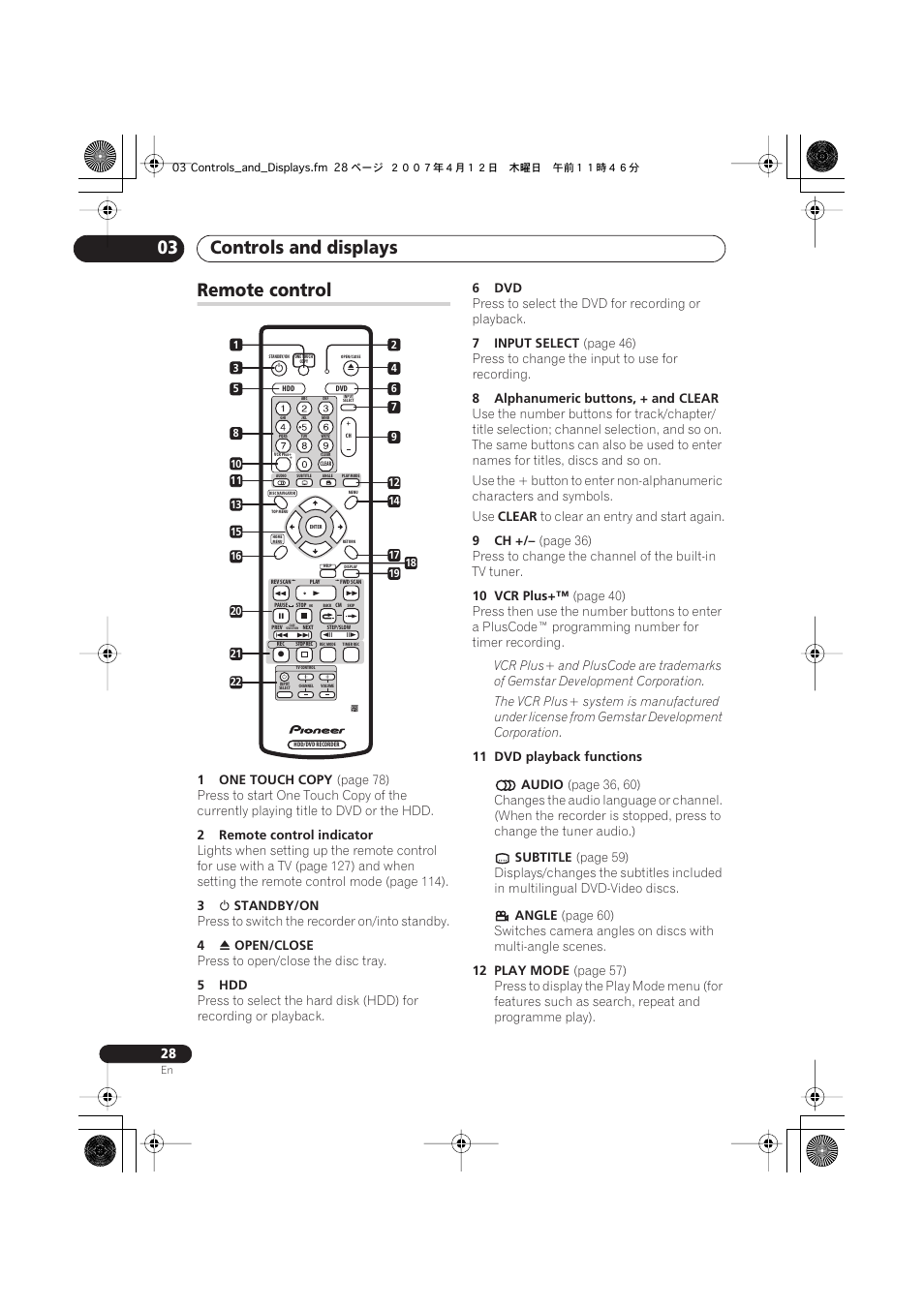 Remote control, Controls and displays 03 | Pioneer DVR-650H-S User Manual | Page 28 / 134