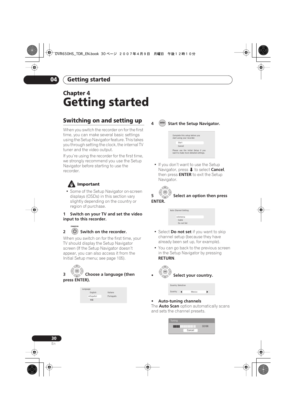 04 getting started, Switching on and setting up, Getting started | Getting started 04, Chapter 4 | Pioneer DVR-650H-S User Manual | Page 30 / 134