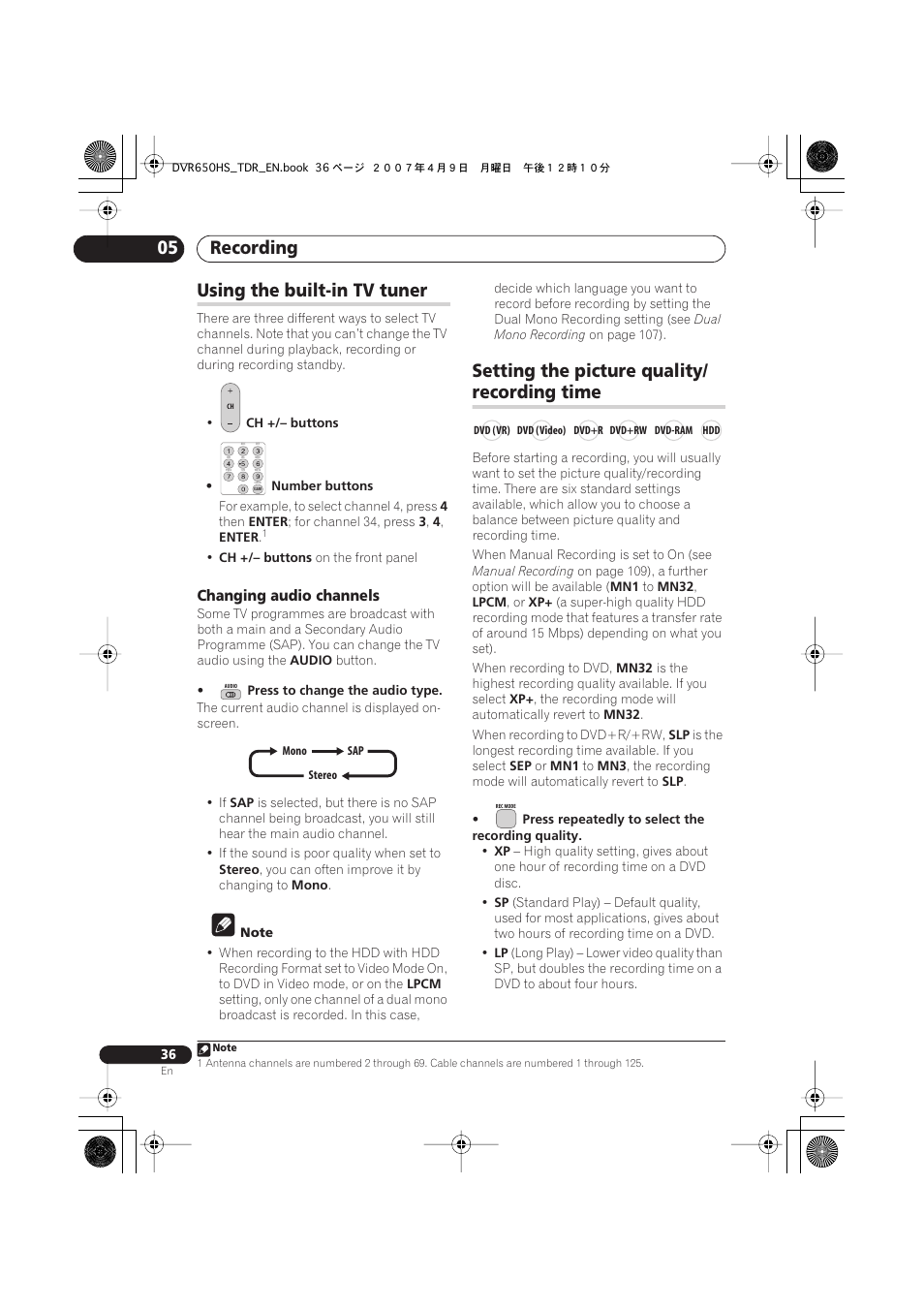 Using the built-in tv tuner, Setting the picture quality/ recording time, Recording 05 | Setting the picture quality, Recording time | Pioneer DVR-650H-S User Manual | Page 36 / 134