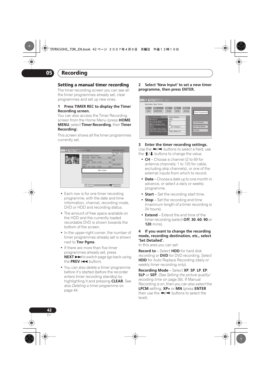 Recording 05, Setting a manual timer recording | Pioneer DVR-650H-S User Manual | Page 42 / 134