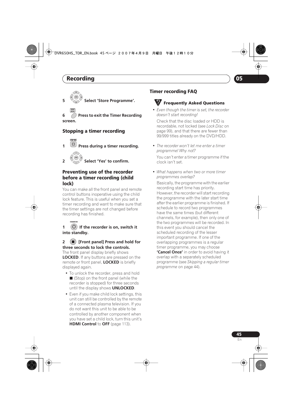 Recording | Pioneer DVR-650H-S User Manual | Page 45 / 134