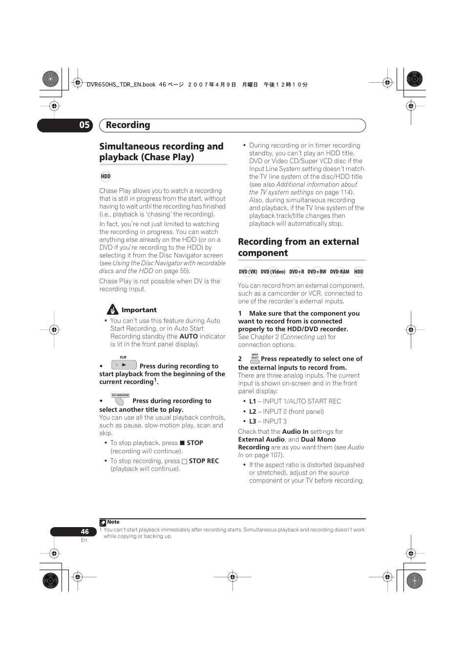 Simultaneous recording and playback (chase play), Recording from an external component, Recording 05 | Simultaneous recording and, Playback (chase play), Recording from an external, Component | Pioneer DVR-650H-S User Manual | Page 46 / 134