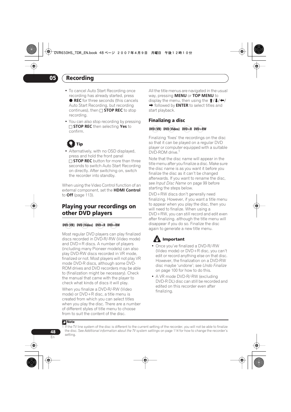 Playing your recordings on other dvd players, Recording 05, Playing your recordings on | Other dvd players | Pioneer DVR-650H-S User Manual | Page 48 / 134