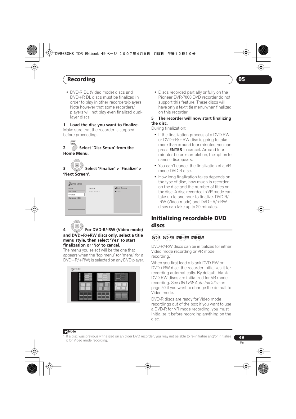 Initializing recordable dvd discs, Recording, Initializing recordable dvd | Discs | Pioneer DVR-650H-S User Manual | Page 49 / 134