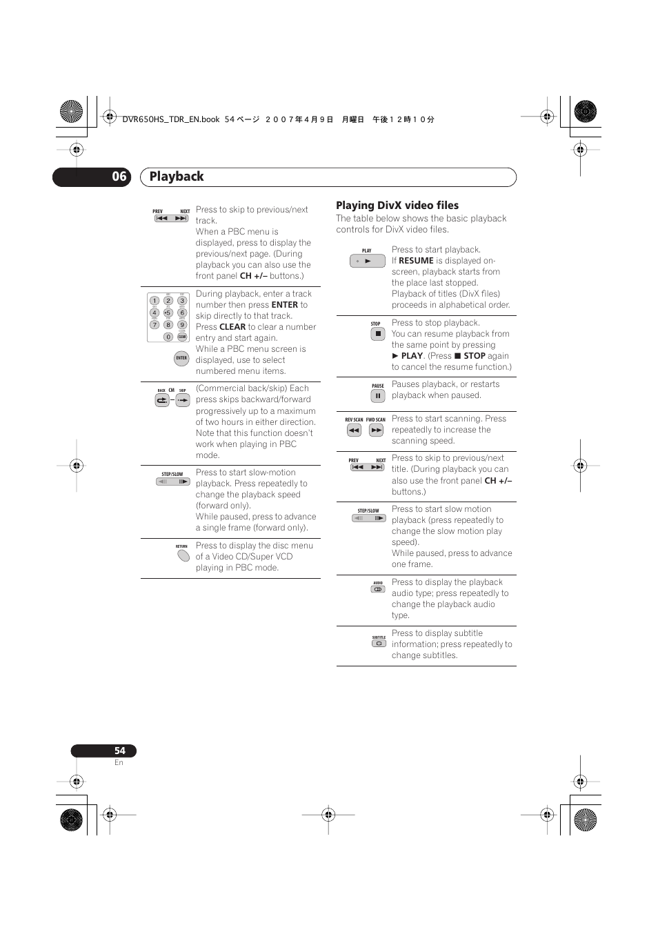 Playback 06, Playing divx video files | Pioneer DVR-650H-S User Manual | Page 54 / 134