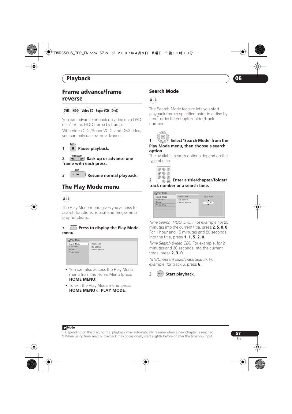 Frame advance/frame reverse, The play mode menu, Playback | 06 frame advance/frame, Reverse, Search mode | Pioneer DVR-650H-S User Manual | Page 57 / 134