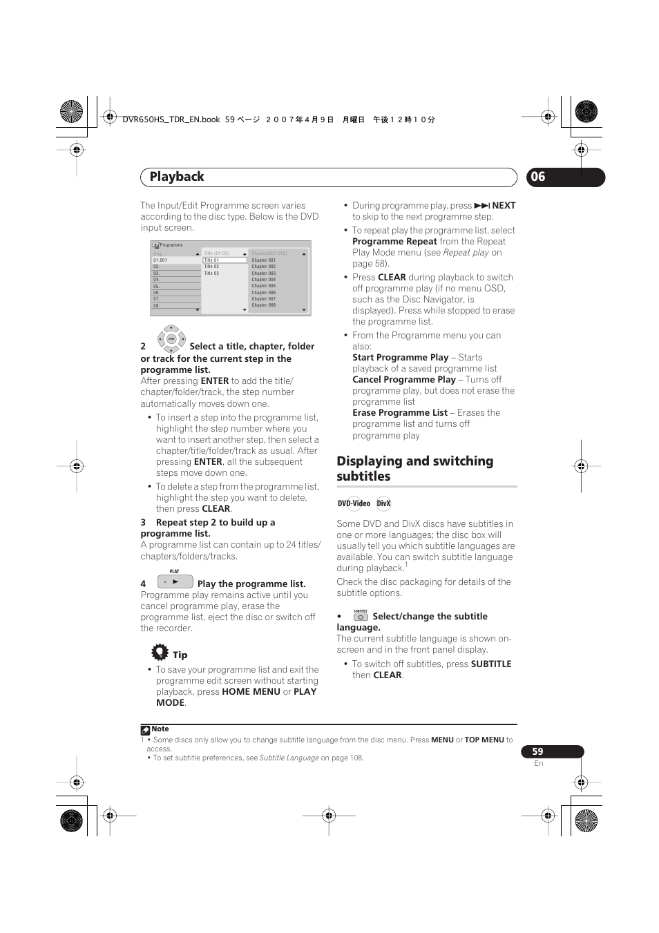 Displaying and switching subtitles, Playback, Displaying and switching | Subtitles | Pioneer DVR-650H-S User Manual | Page 59 / 134
