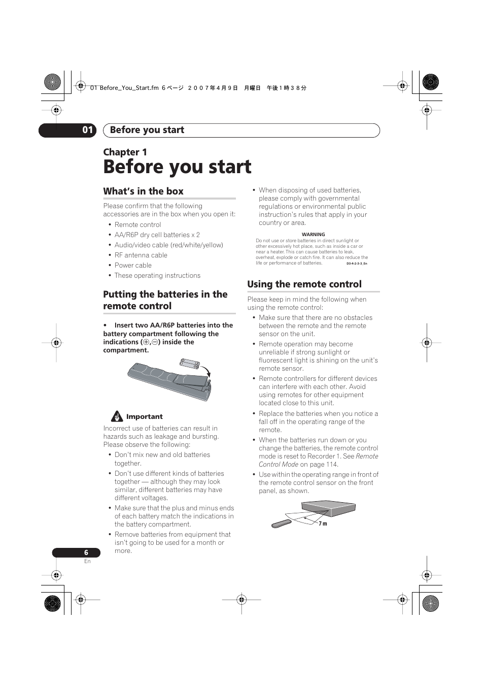 01 before you start, What’s in the box, Putting the batteries in the remote control | Using the remote control, Before you start, Before you start 01, Chapter 1, Putting the batteries in the, Remote control | Pioneer DVR-650H-S User Manual | Page 6 / 134