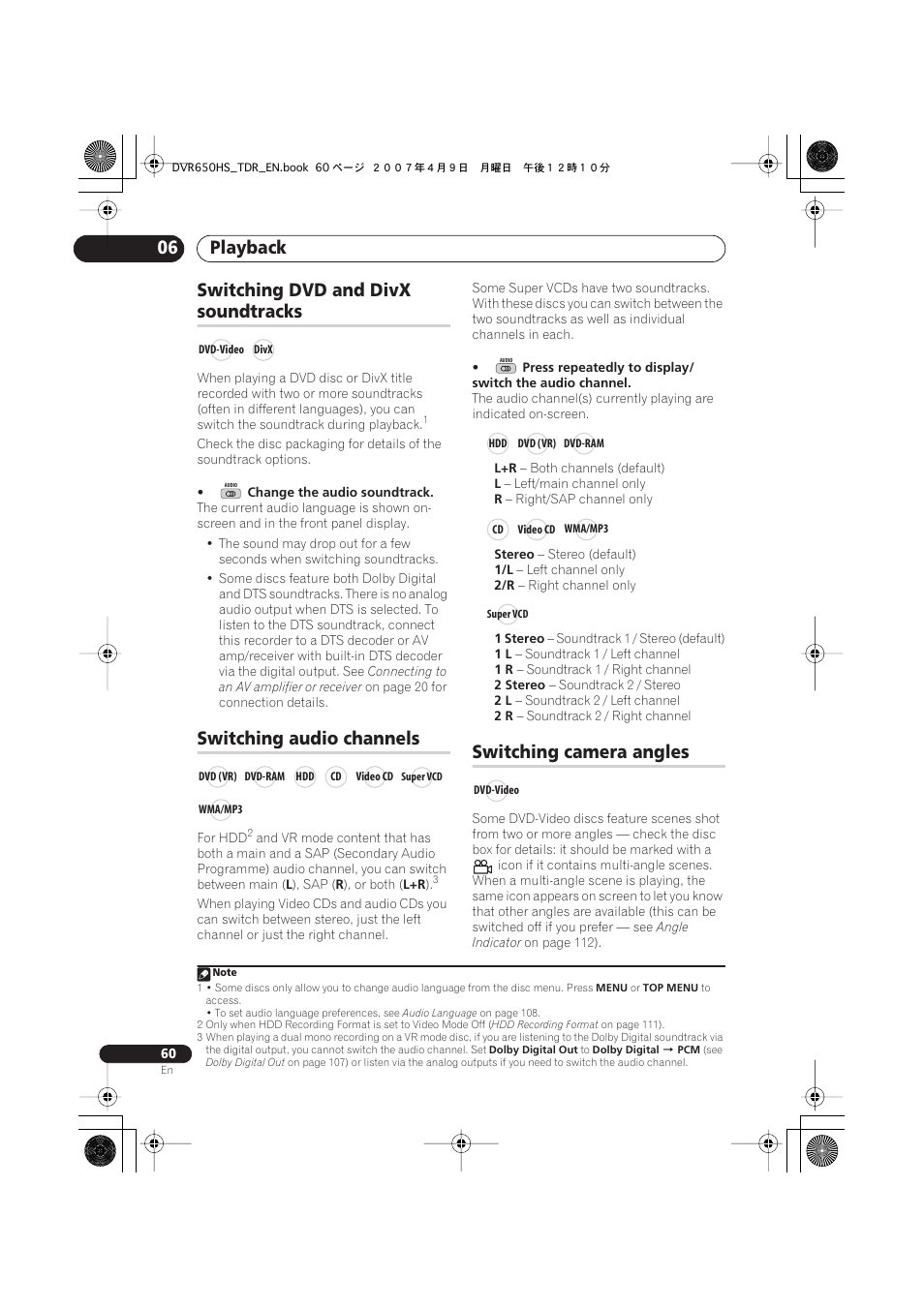 Switching dvd and divx soundtracks, Switching audio channels, Switching camera angles | Playback 06, Switching dvd and divx, Soundtracks | Pioneer DVR-650H-S User Manual | Page 60 / 134