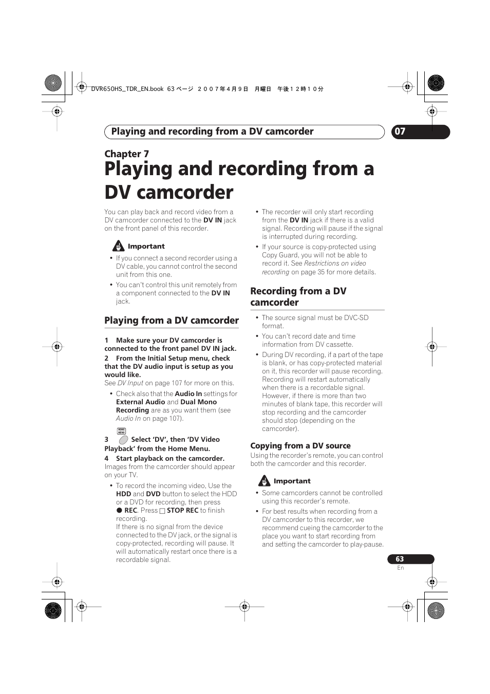 07 playing and recording from a dv camcorder, Playing from a dv camcorder, Recording from a dv camcorder | Playing and recording from a dv camcorder, 07 chapter 7, Recording from a dv, Camcorder | Pioneer DVR-650H-S User Manual | Page 63 / 134