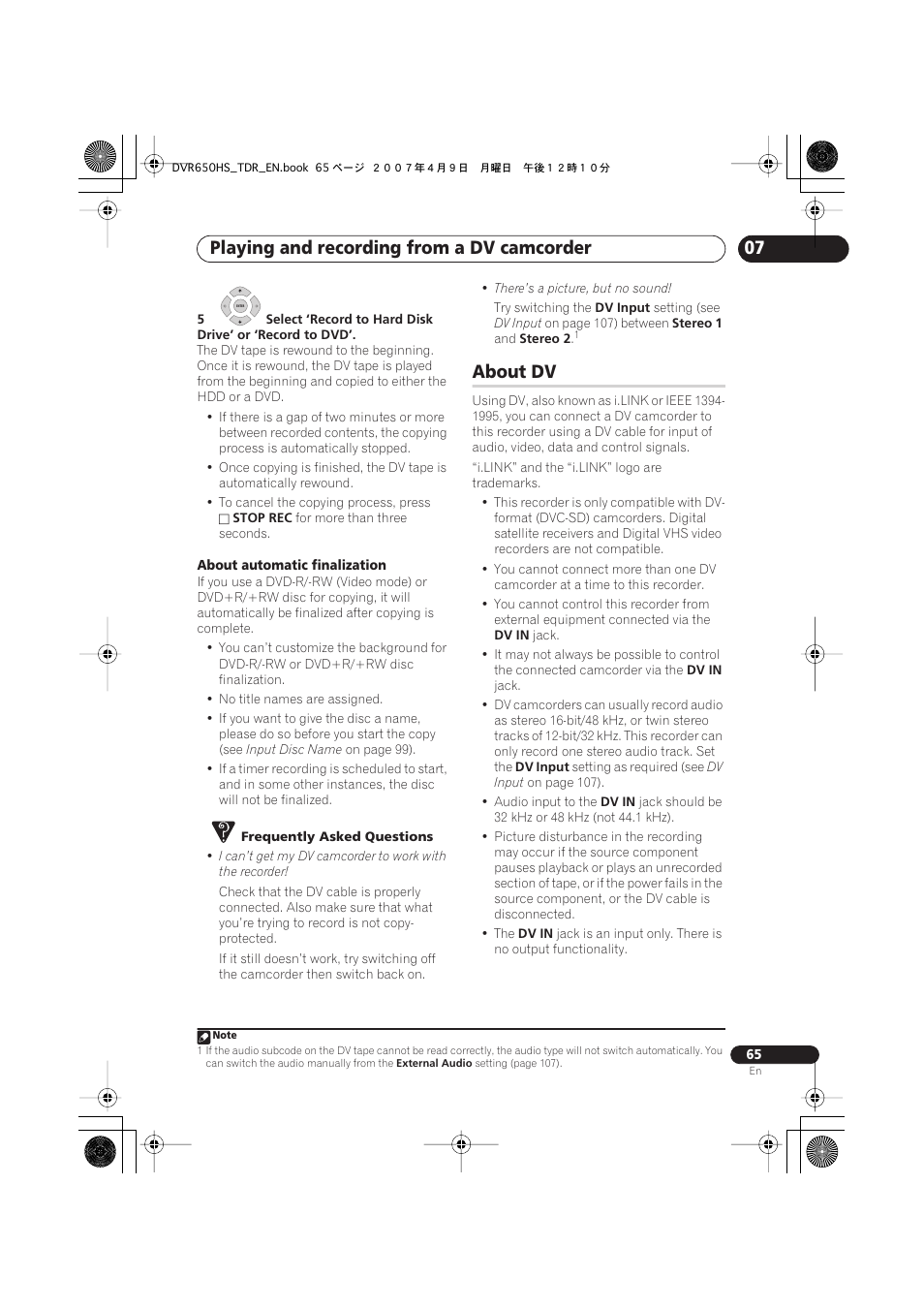About dv, Playing and recording from a dv camcorder | Pioneer DVR-650H-S User Manual | Page 65 / 134