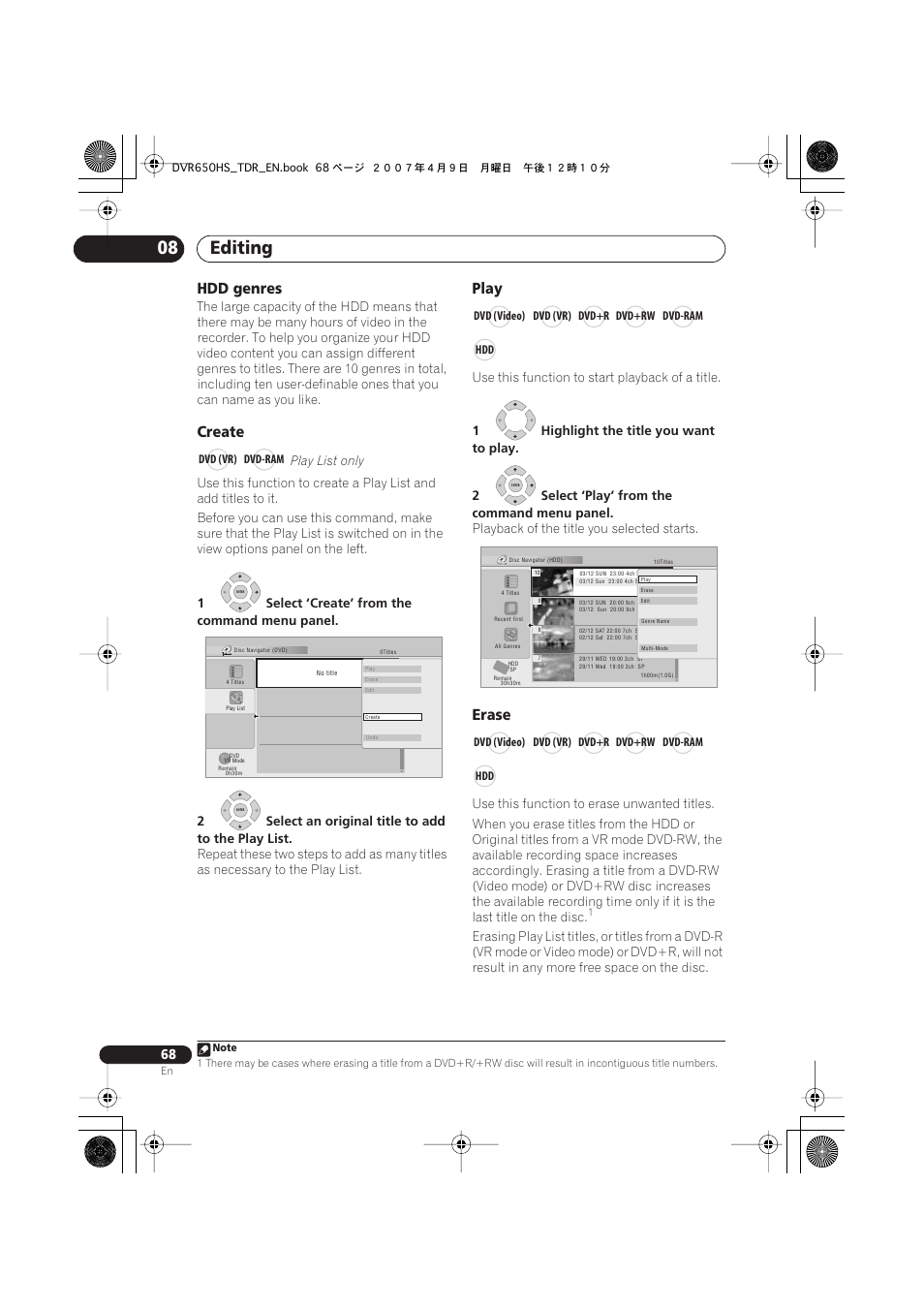 Editing 08, Hdd genres, Create | Play, Erase | Pioneer DVR-650H-S User Manual | Page 68 / 134