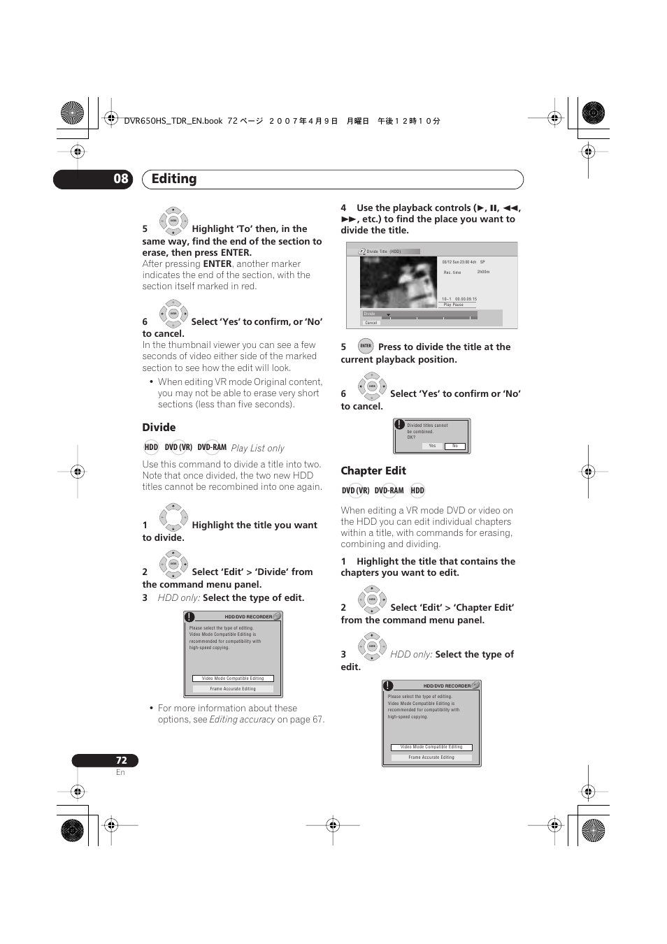 Editing 08, Divide, Chapter edit | Pioneer DVR-650H-S User Manual | Page 72 / 134
