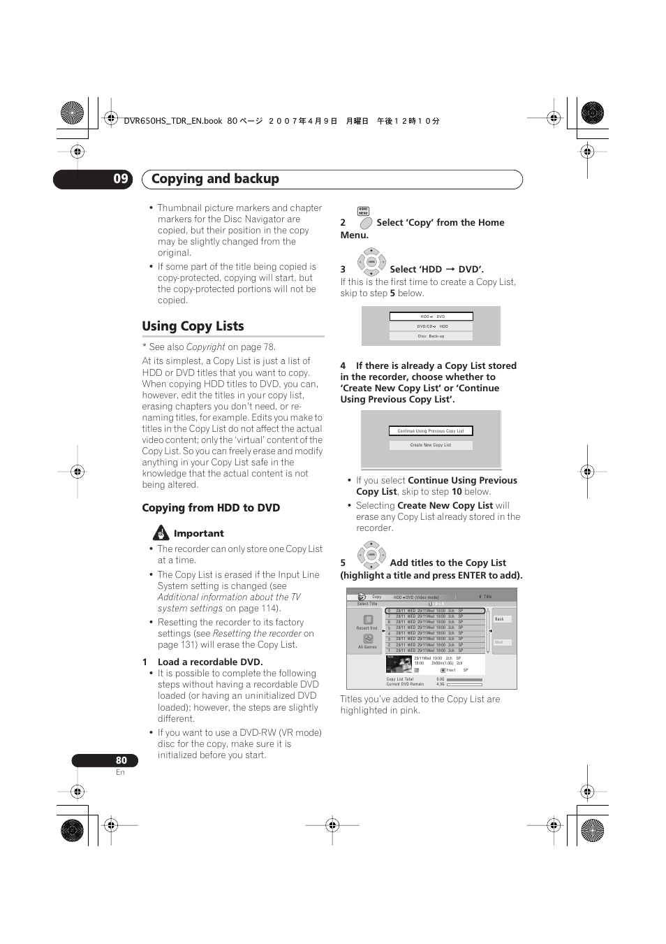 Using copy lists, Copying and backup 09, Copying from hdd to dvd | Pioneer DVR-650H-S User Manual | Page 80 / 134