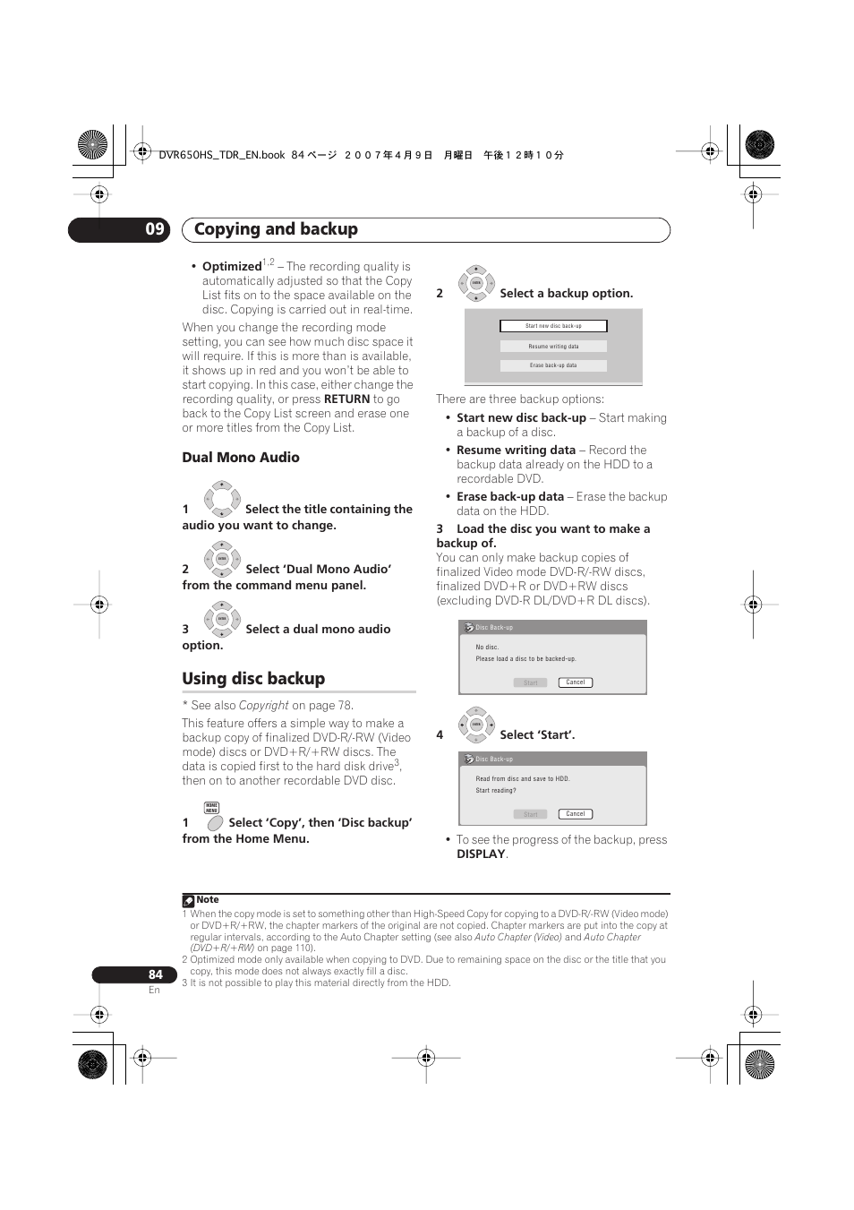 Using disc backup, Copying and backup 09, Dual mono audio | Pioneer DVR-650H-S User Manual | Page 84 / 134
