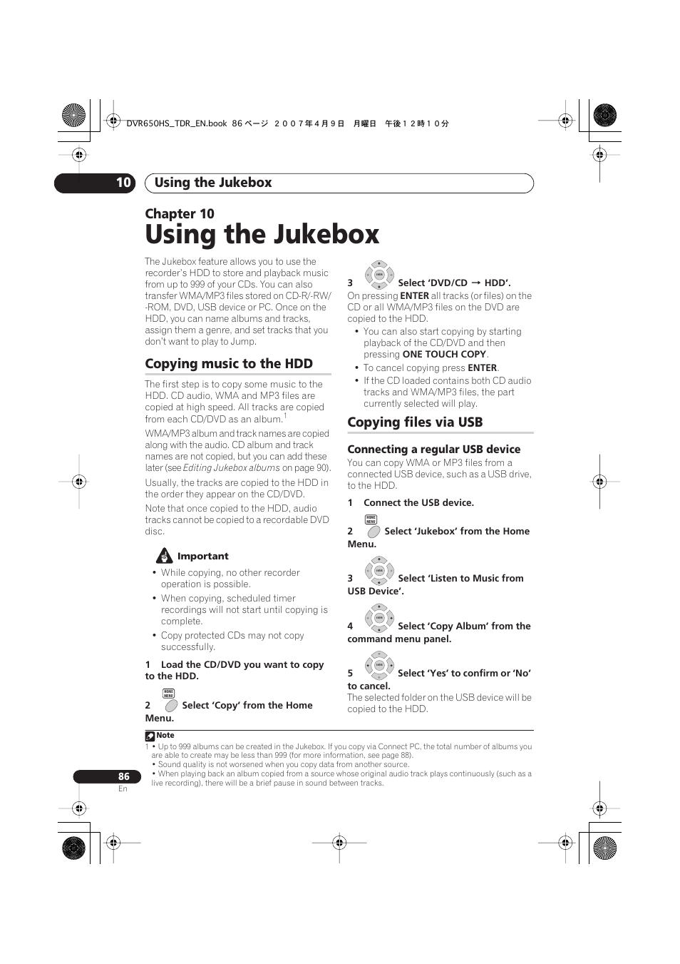 10 using the jukebox, Copying music to the hdd, Copying files via usb | Using the jukebox, Using the jukebox 10, Chapter 10 | Pioneer DVR-650H-S User Manual | Page 86 / 134