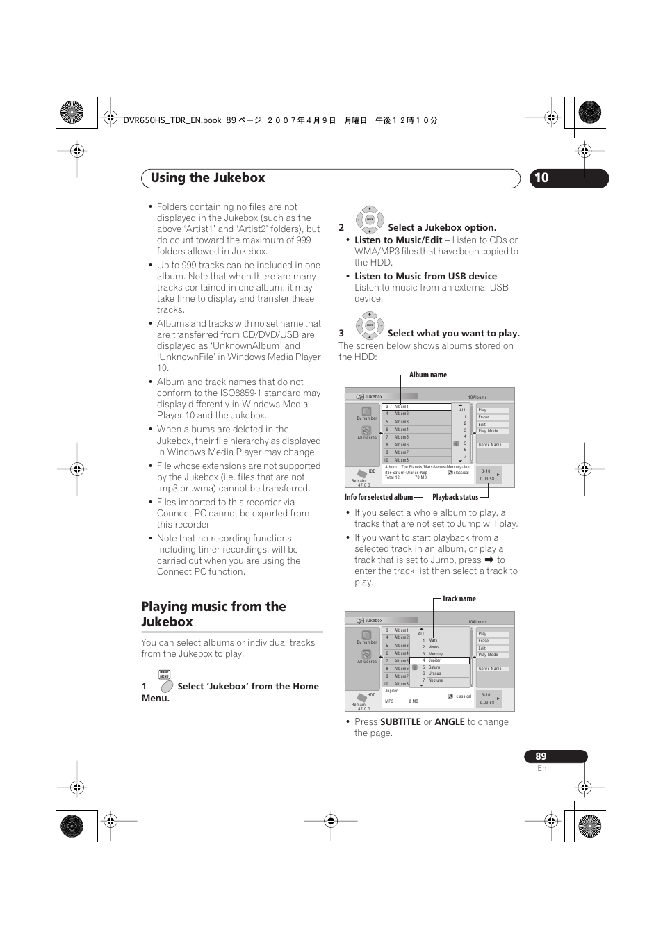 Playing music from the jukebox, Using the jukebox, Playing music from the | Jukebox, Listen to music/edit, Listen to music from usb device, Listen to music from an external usb device, 3select what you want to play, Subtitle, Angle | Pioneer DVR-650H-S User Manual | Page 89 / 134