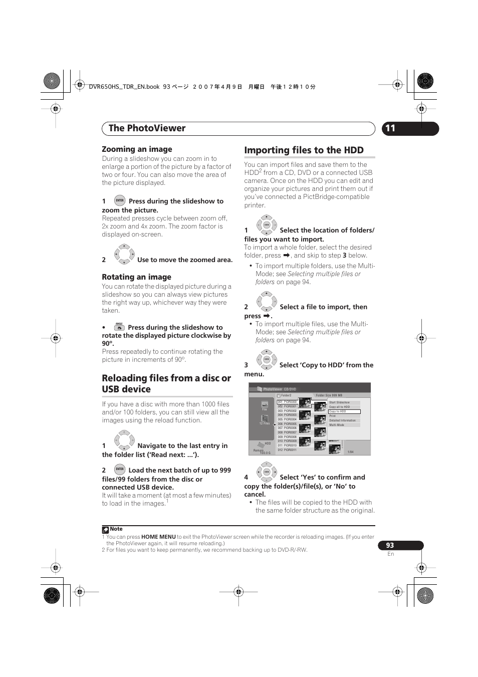 Reloading files from a disc or usb device, Importing files to the hdd, The photoviewer | Reloading files from a disc or, Usb device, Zooming an image, Rotating an image | Pioneer DVR-650H-S User Manual | Page 93 / 134