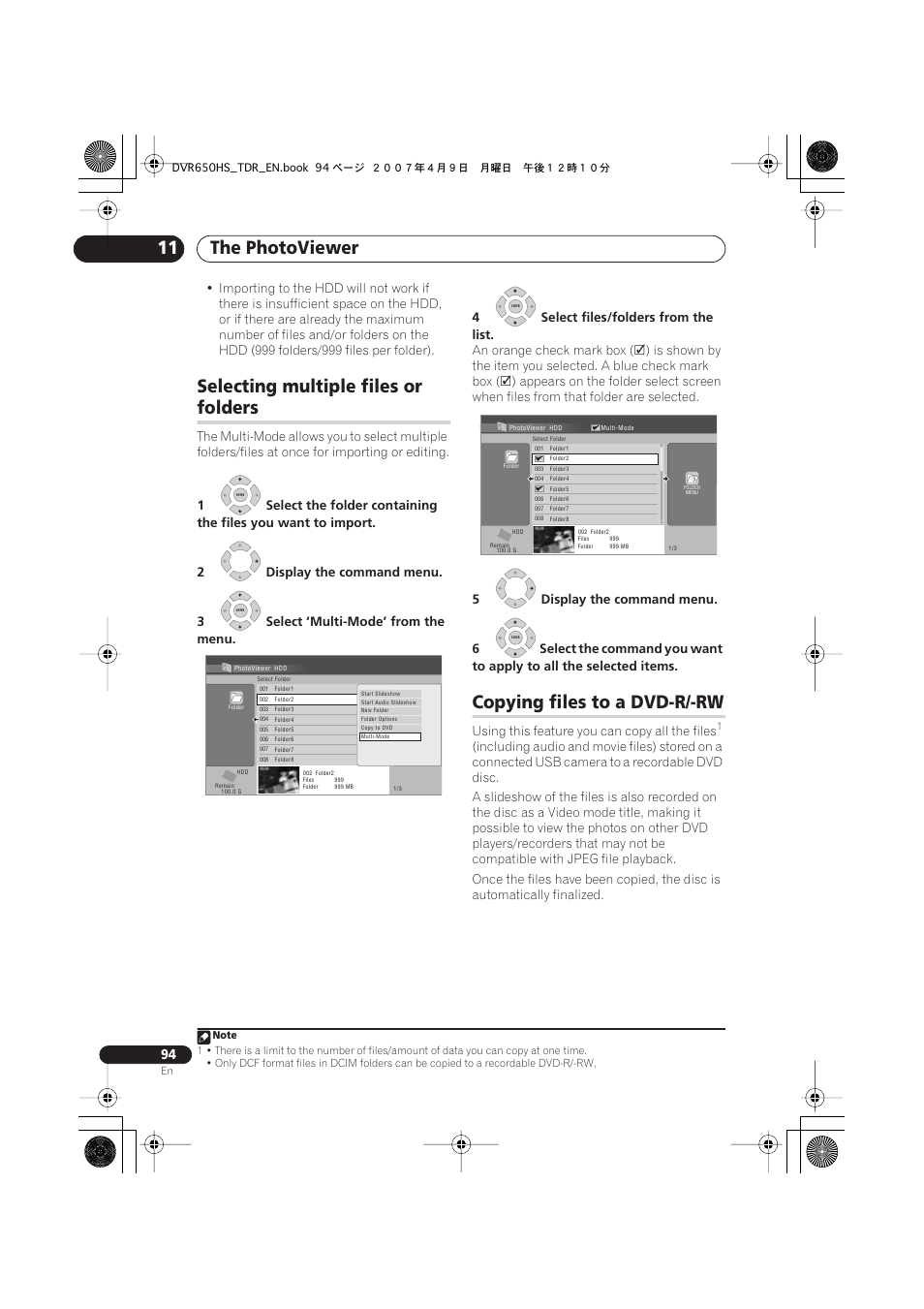 Selecting multiple files or folders, Copying files to a dvd-r/-rw, The photoviewer 11 | Selecting multiple files or, Folders, An orange check mark box, Using this feature you can copy all the files | Pioneer DVR-650H-S User Manual | Page 94 / 134