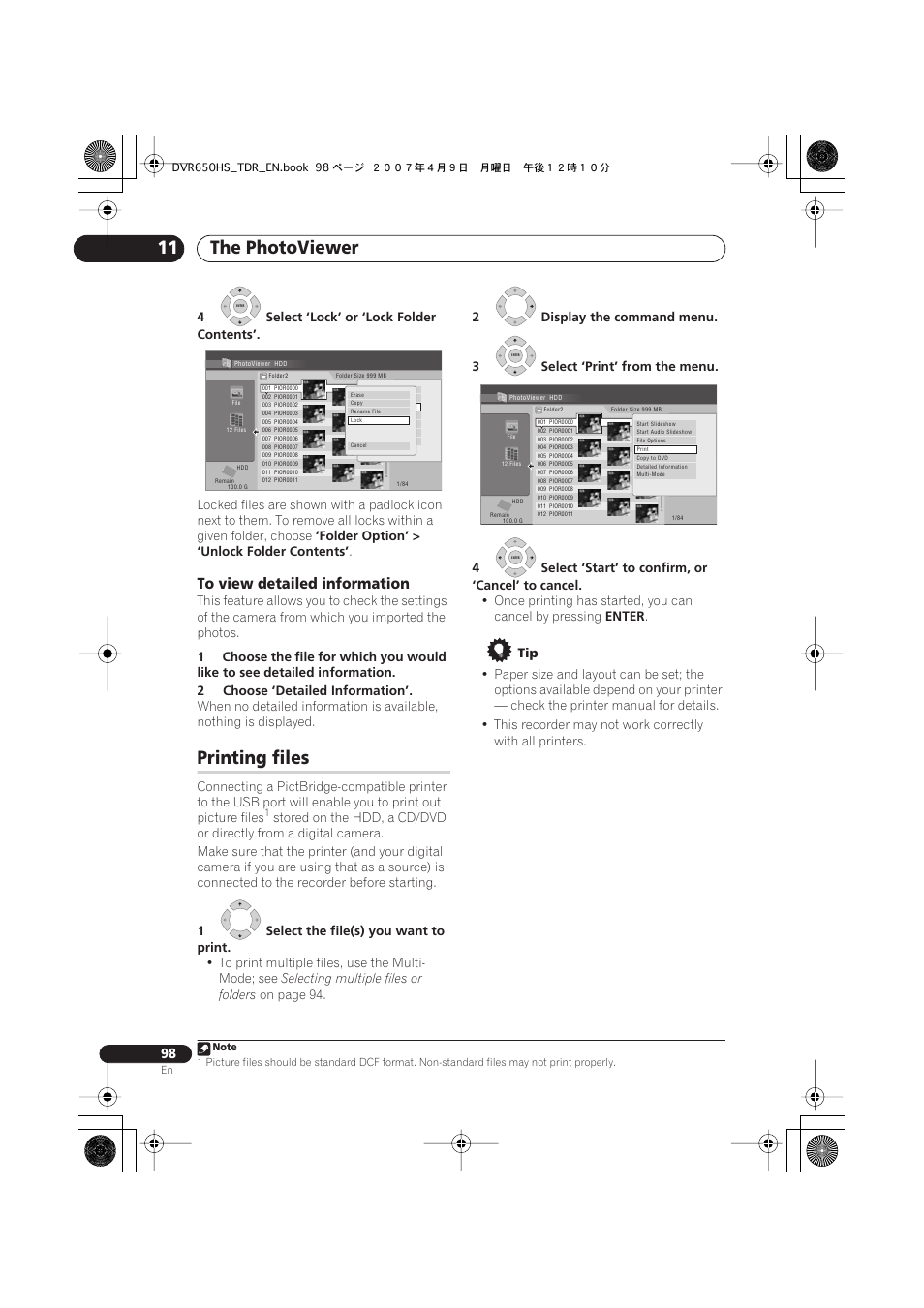 Printing files, The photoviewer 11 | Pioneer DVR-650H-S User Manual | Page 98 / 134