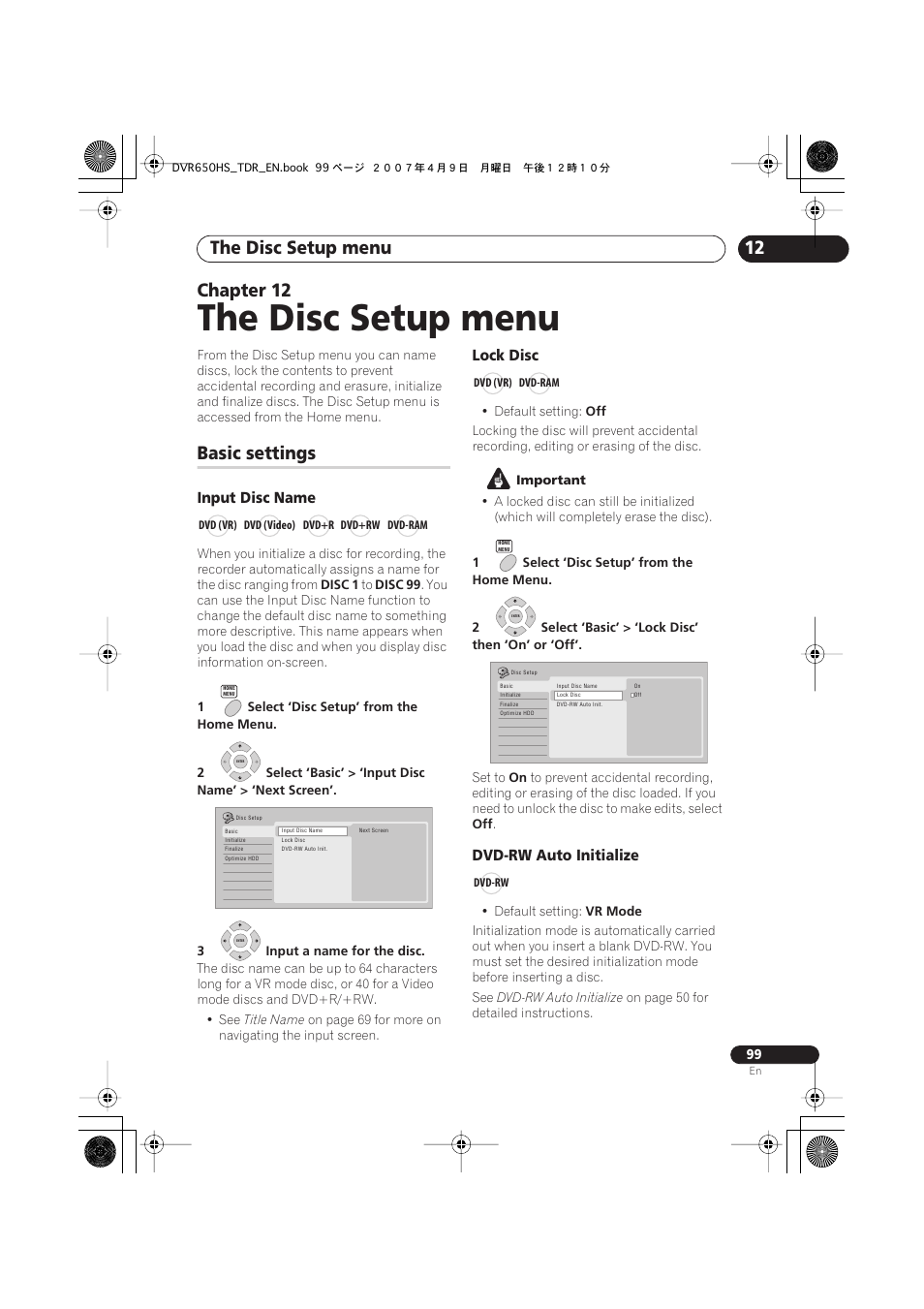 12 the disc setup menu, Basic settings, The disc setup menu | 12 chapter 12, Input disc name, Lock disc, Dvd-rw auto initialize | Pioneer DVR-650H-S User Manual | Page 99 / 134