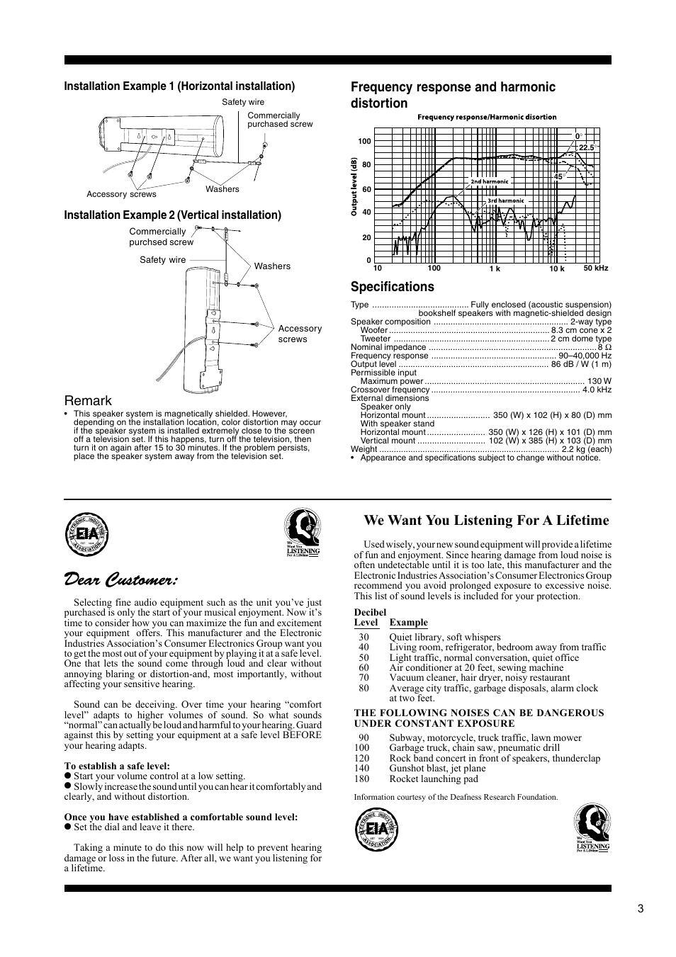 We want you listening for a lifetime, Frequency response and harmonic distortion, Specifications | Remark | Pioneer S-VSL6C User Manual | Page 3 / 4