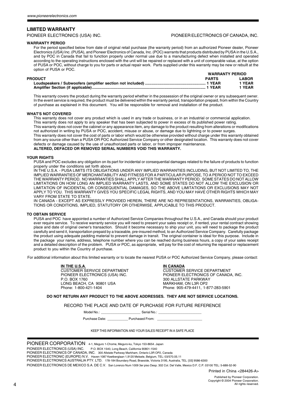 Pioneer corporation, Limited warranty | Pioneer S-VSL6C User Manual | Page 4 / 4