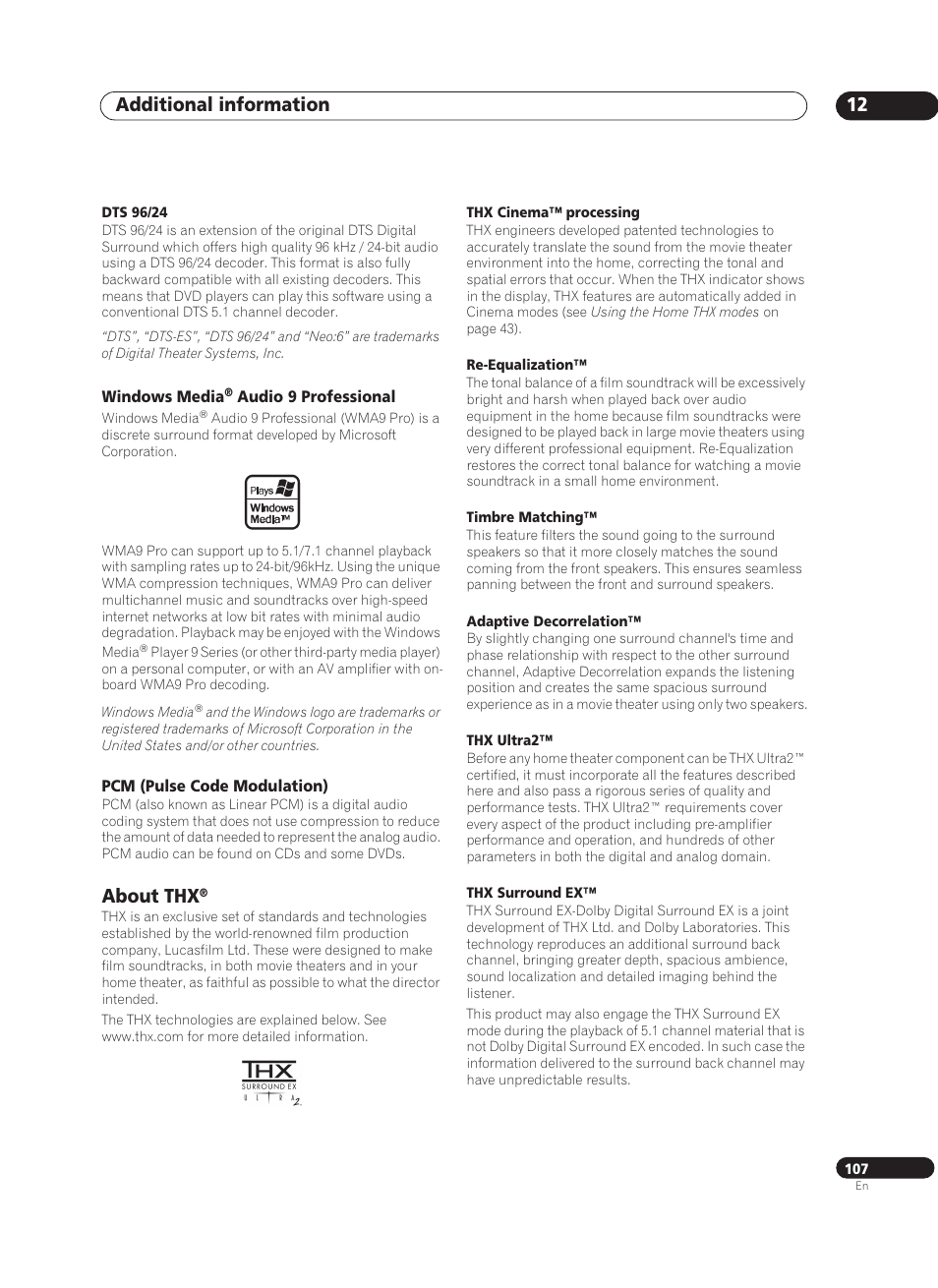 Windows media® audio 9 professional, Pcm (pulse code modulation), About thx | Additional information 12 | Pioneer VSX-AX10Ai-G User Manual | Page 107 / 110