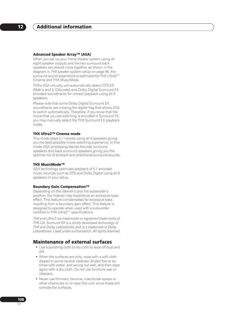 Maintenance of external surfaces, Additional information 12 | Pioneer VSX-AX10Ai-G User Manual | Page 108 / 110