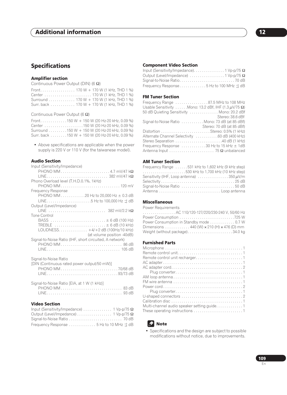 Specifications, Additional information 12 | Pioneer VSX-AX10Ai-G User Manual | Page 109 / 110