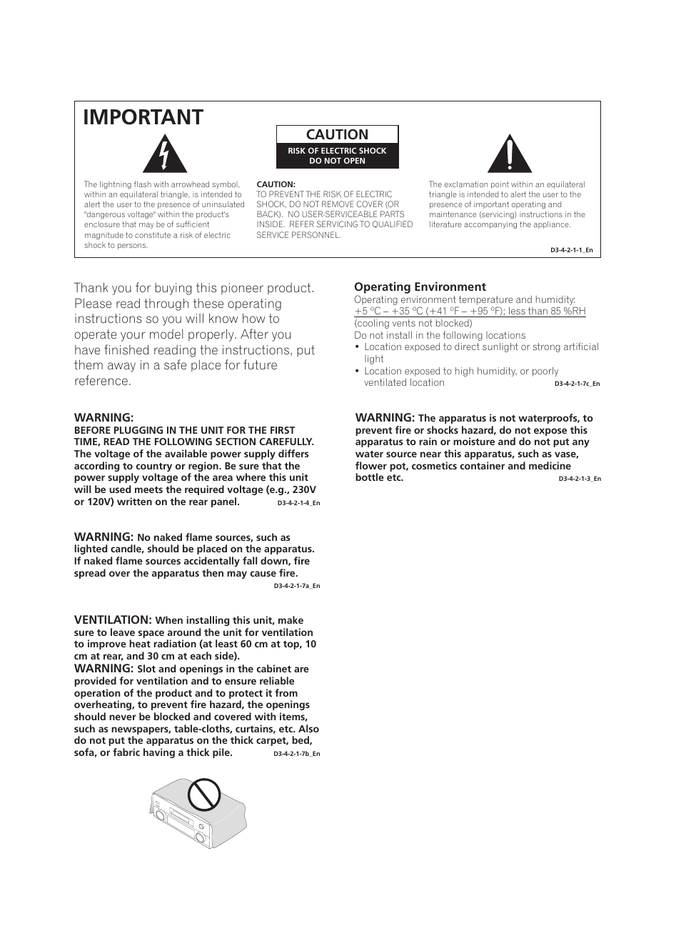 Important, Caution | Pioneer VSX-AX10Ai-G User Manual | Page 2 / 110