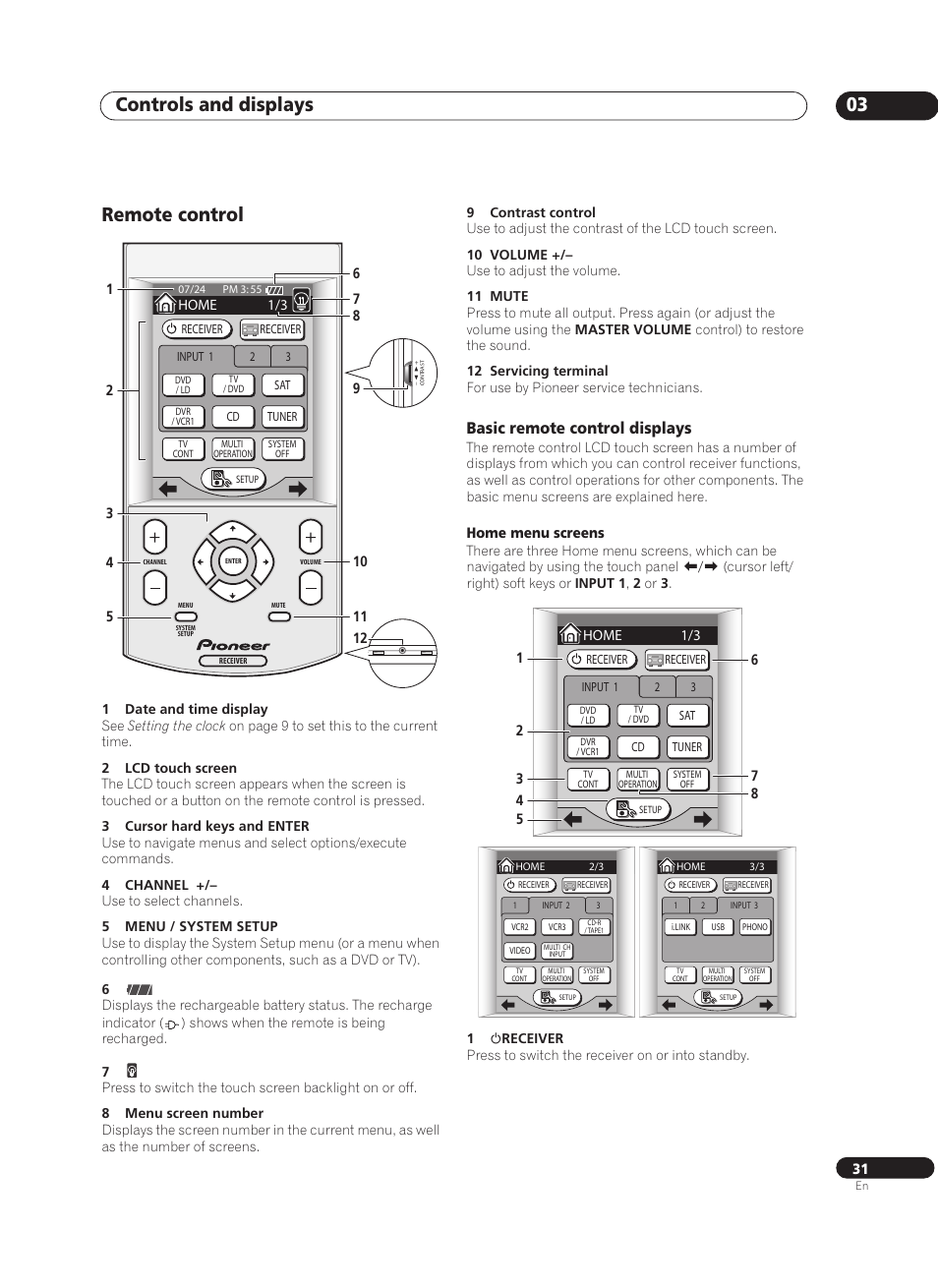 Remote control, Basic remote control displays, Controls and displays 03 | Pioneer VSX-AX10Ai-G User Manual | Page 31 / 110