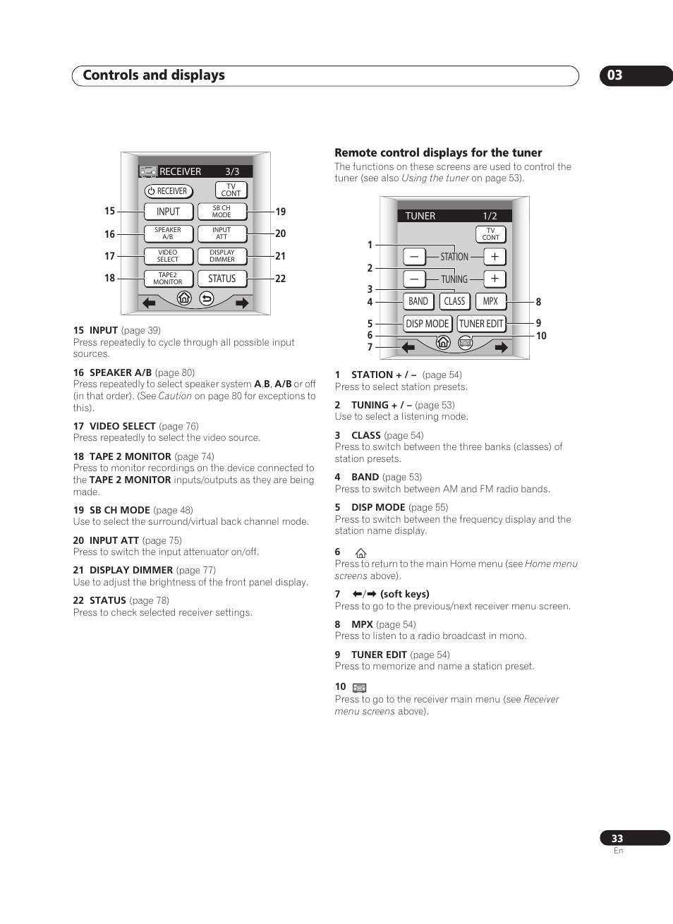Remote control displays for the tuner, Controls and displays 03 | Pioneer VSX-AX10Ai-G User Manual | Page 33 / 110