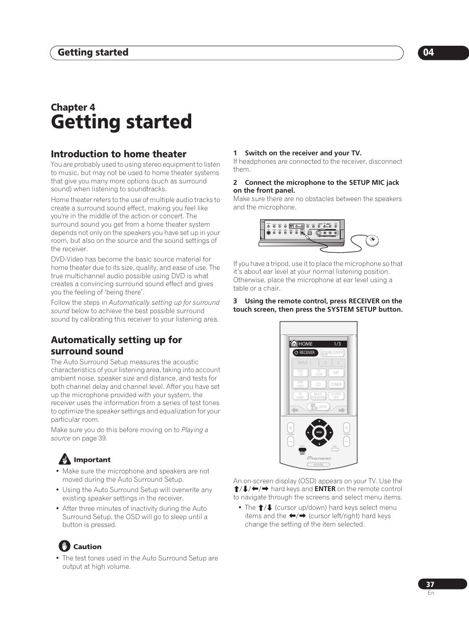 04 getting started, Introduction to home theater, Automatically setting up for surround sound | Getting started, Getting started 04, Chapter 4 | Pioneer VSX-AX10Ai-G User Manual | Page 37 / 110