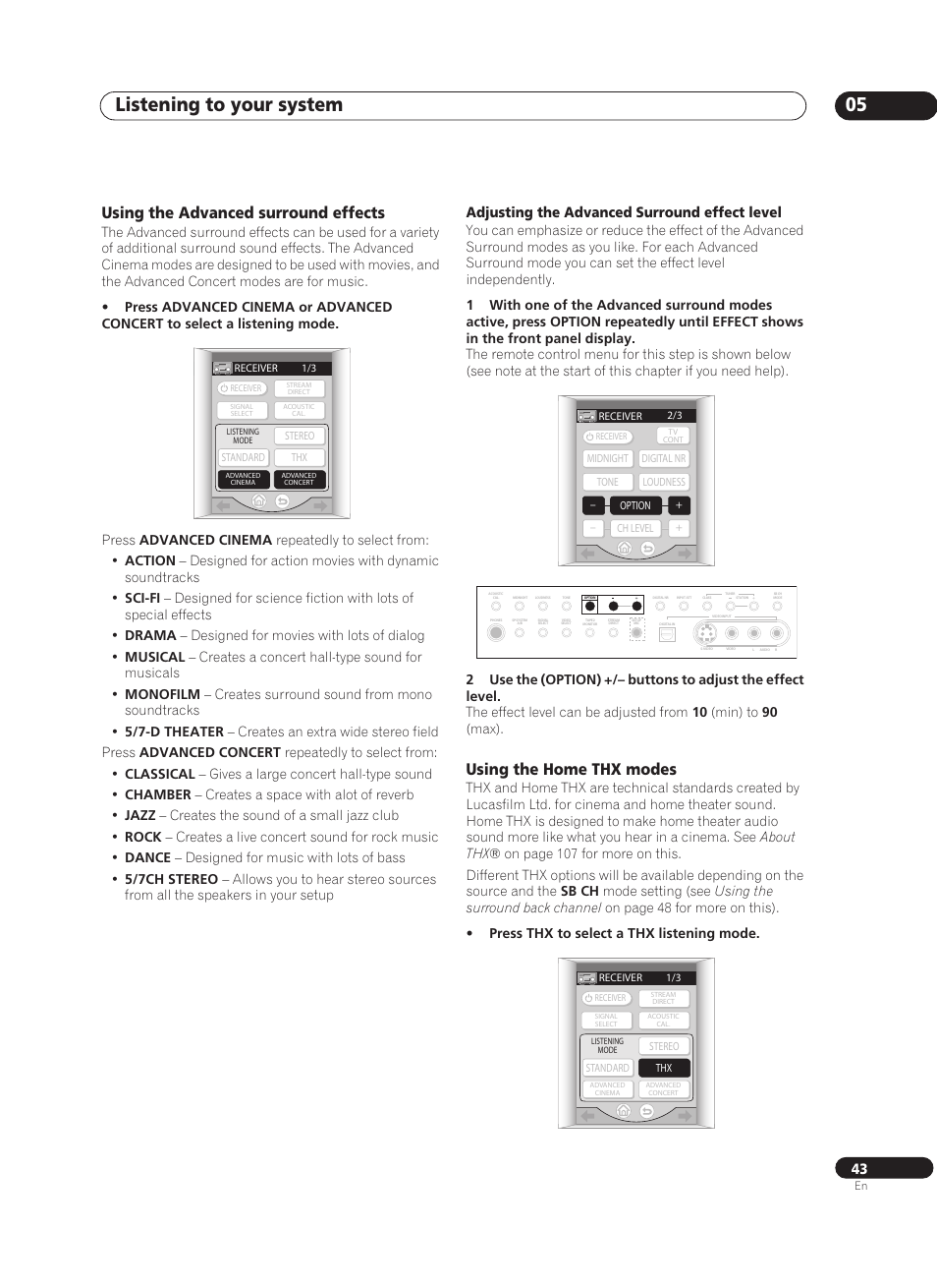 Using the advanced surround effects, Using the home thx modes, Listening to your system 05 | Adjusting the advanced surround effect level | Pioneer VSX-AX10Ai-G User Manual | Page 43 / 110