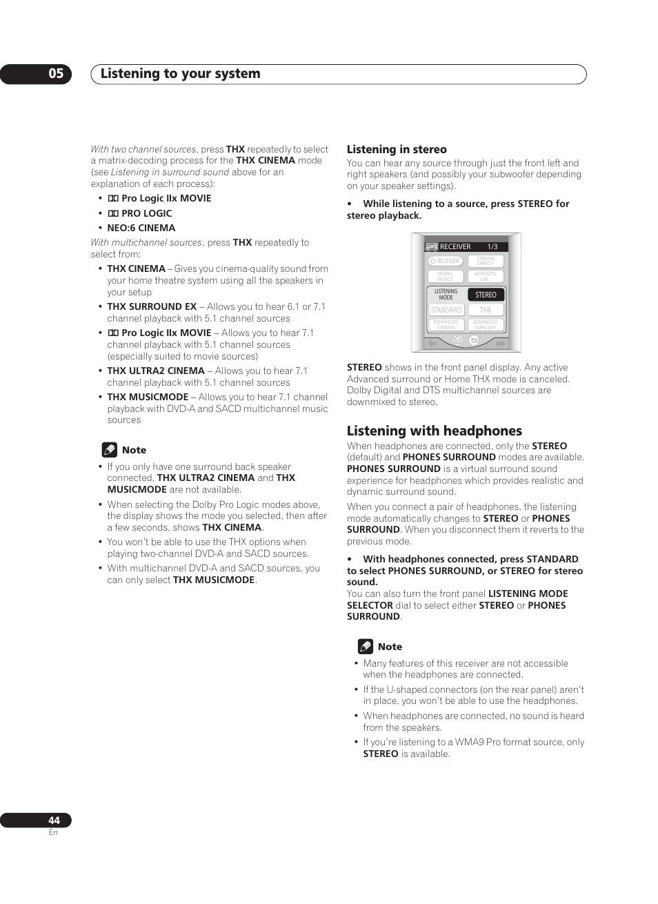 Listening in stereo, Listening with headphones, Listening to your system 05 | Pioneer VSX-AX10Ai-G User Manual | Page 44 / 110