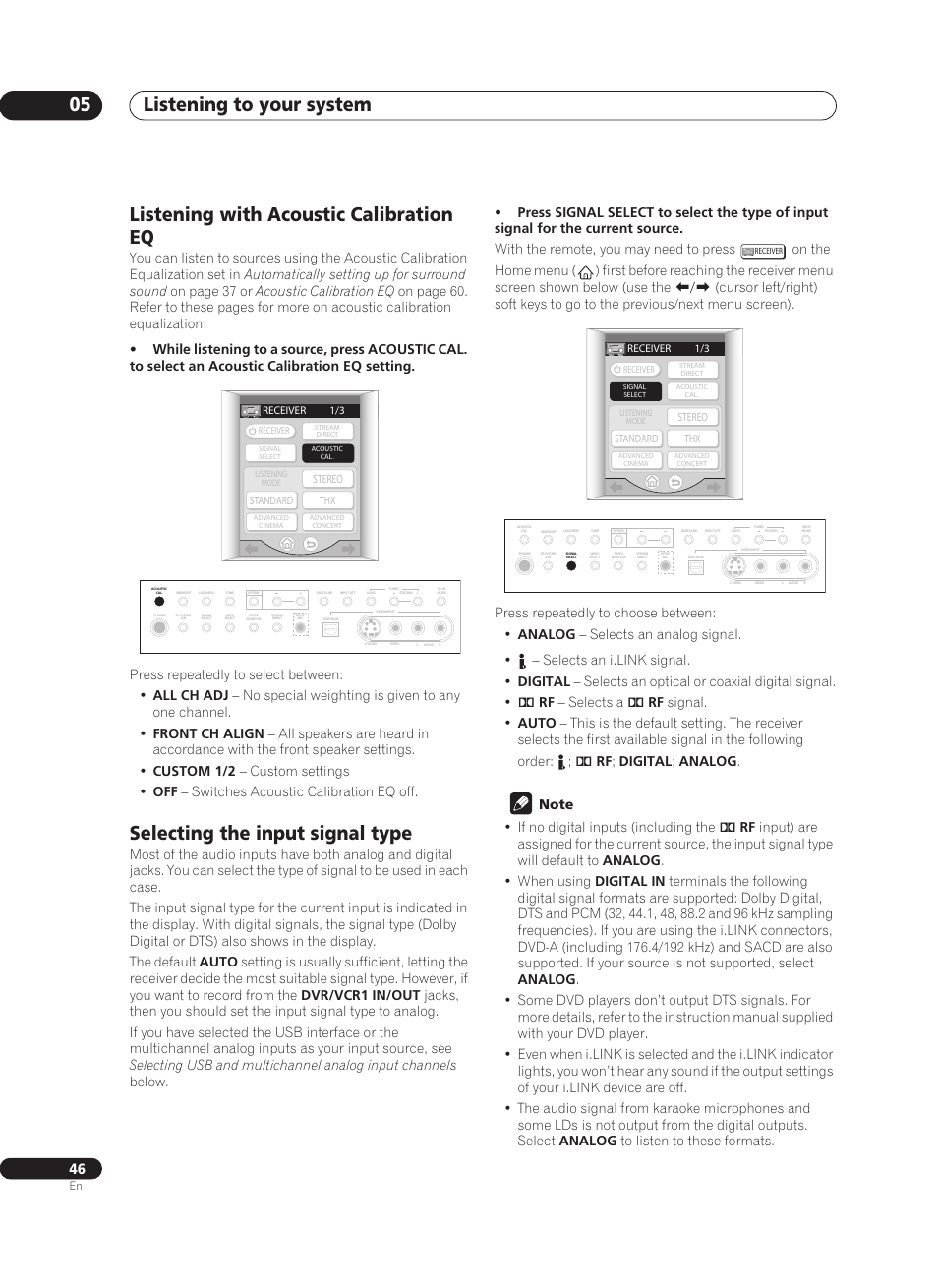 Listening with acoustic calibration eq, Selecting the input signal type, Listening to your system 05 | Pioneer VSX-AX10Ai-G User Manual | Page 46 / 110