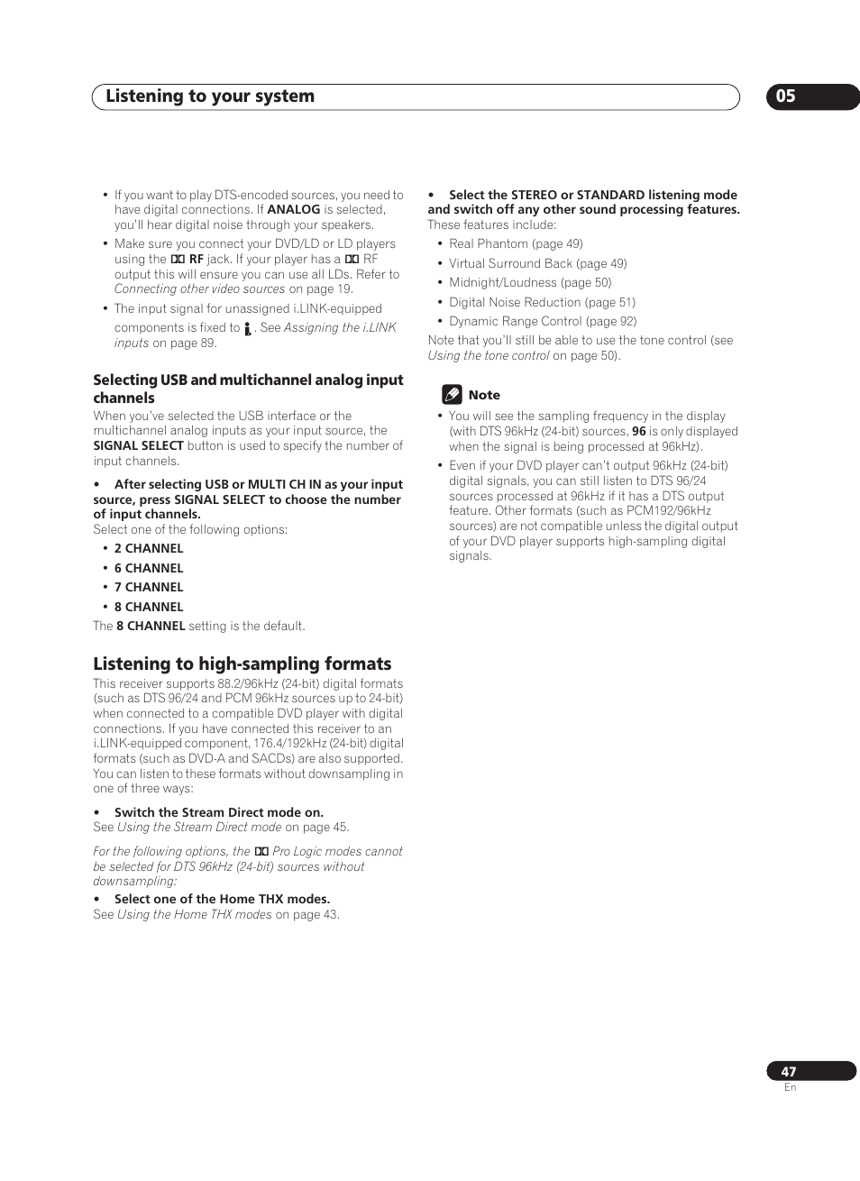 Listening to high-sampling formats, Listening to your system 05 | Pioneer VSX-AX10Ai-G User Manual | Page 47 / 110