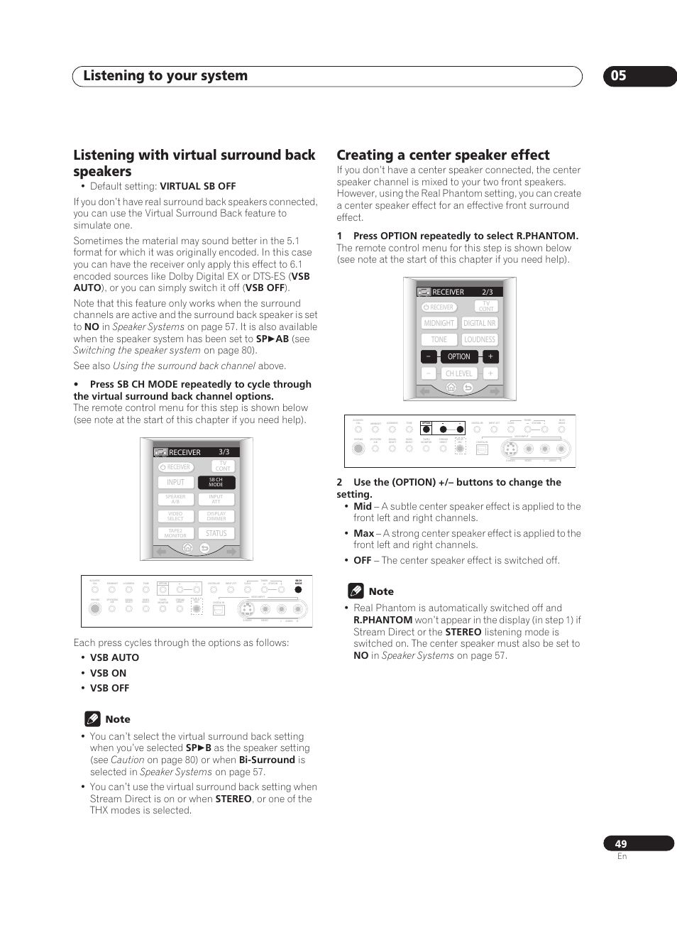 Listening with virtual surround back speakers, Creating a center speaker effect, Listening to your system 05 | Pioneer VSX-AX10Ai-G User Manual | Page 49 / 110