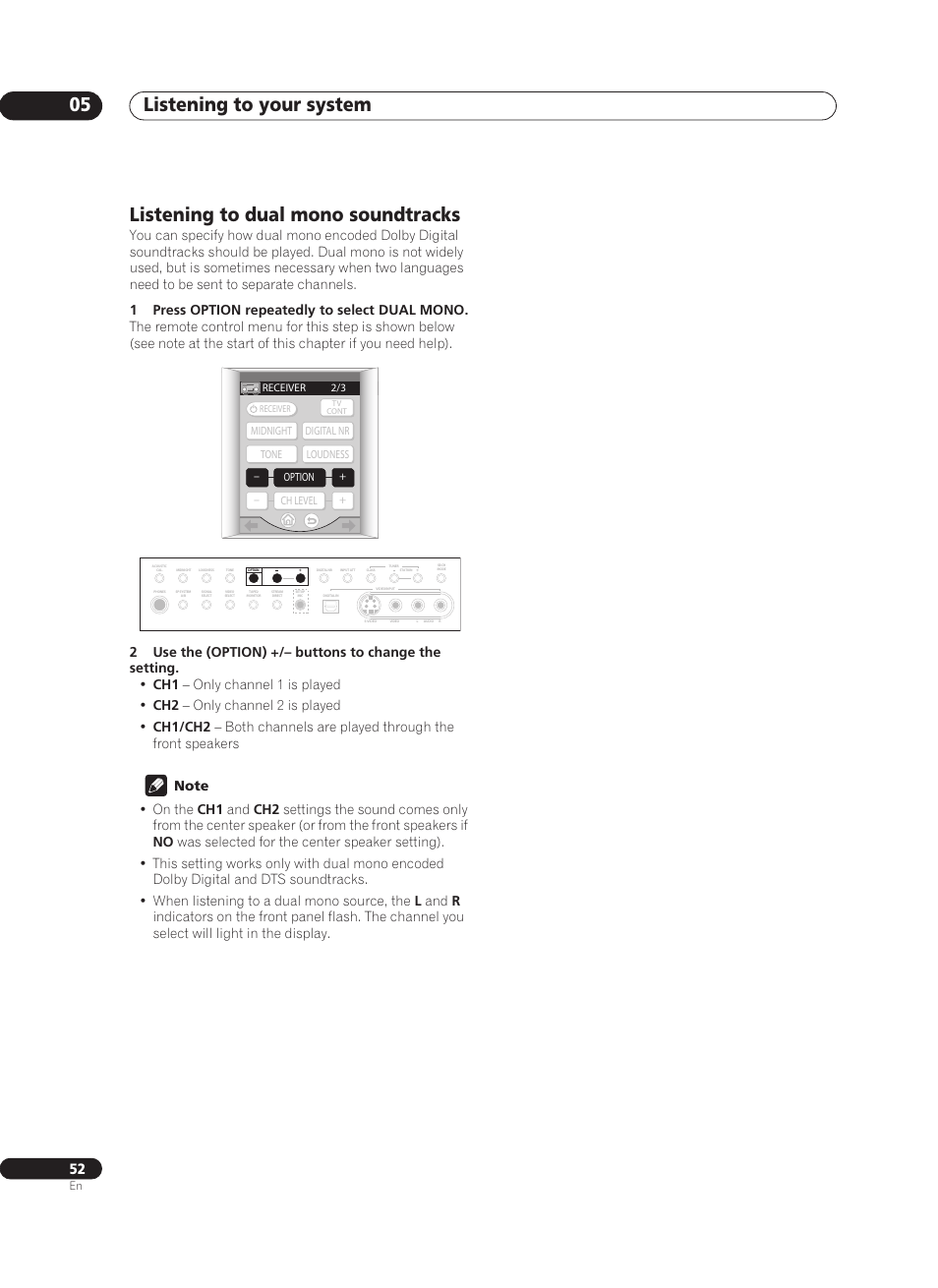 Listening to dual mono soundtracks, Listening to your system 05 | Pioneer VSX-AX10Ai-G User Manual | Page 52 / 110