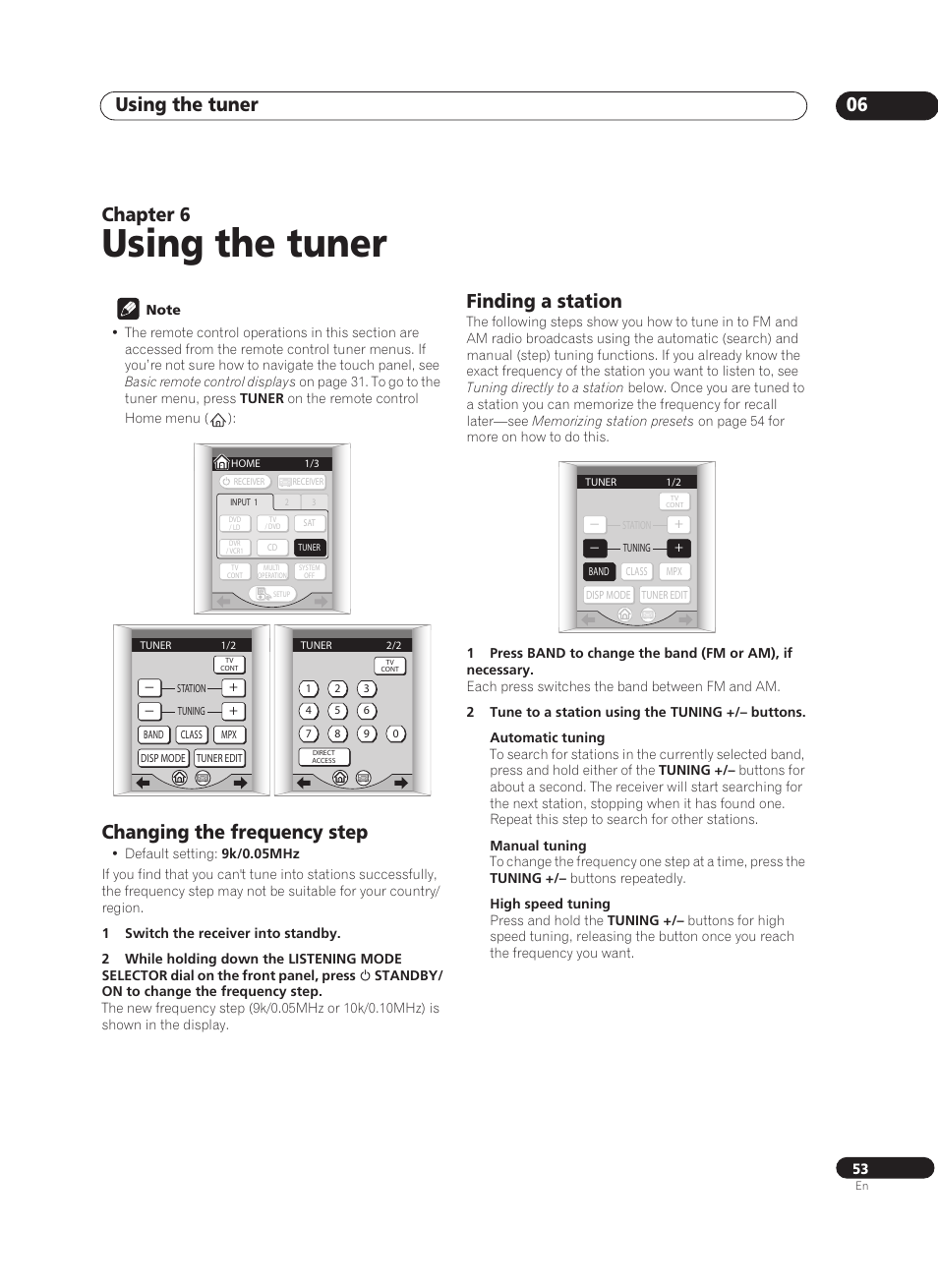 06 using the tuner, Changing the frequency step, Finding a station | Using the tuner, Using the tuner 06, Chapter 6 | Pioneer VSX-AX10Ai-G User Manual | Page 53 / 110