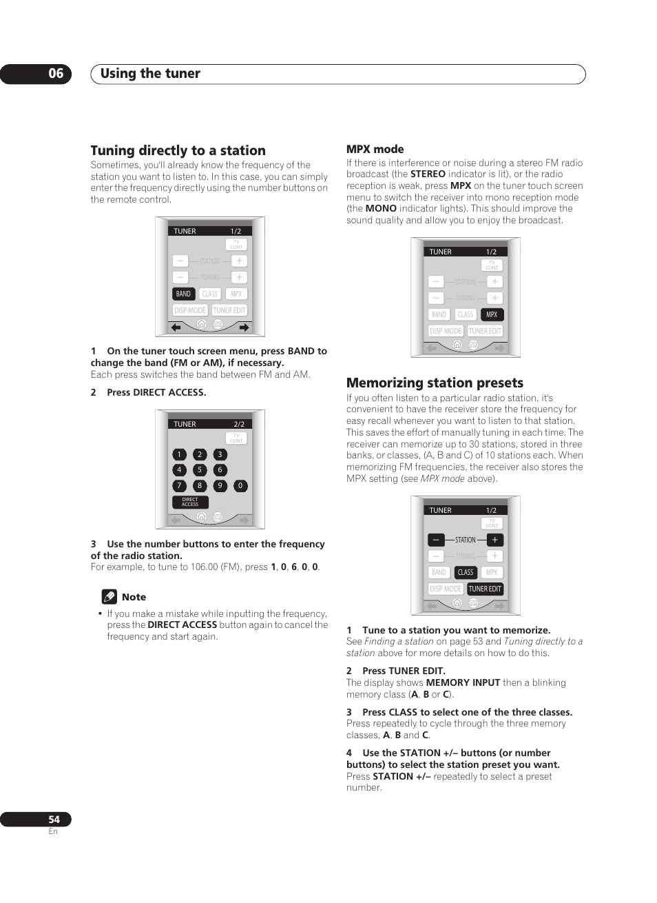 Tuning directly to a station, Mpx mode, Memorizing station presets | Using the tuner 06 | Pioneer VSX-AX10Ai-G User Manual | Page 54 / 110